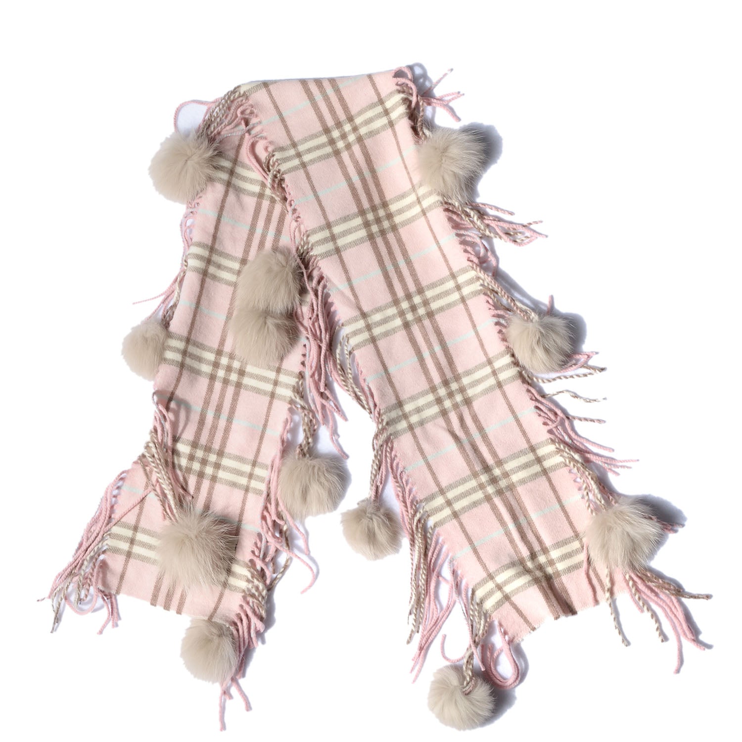Burberry Cashmere Fox Fur Candy Check Pom Pom Scarf Pink 1 of 4