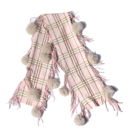 Burberry Cashmere Fox Fur Candy Check Pom Pom Scarf Pink 1 of 4