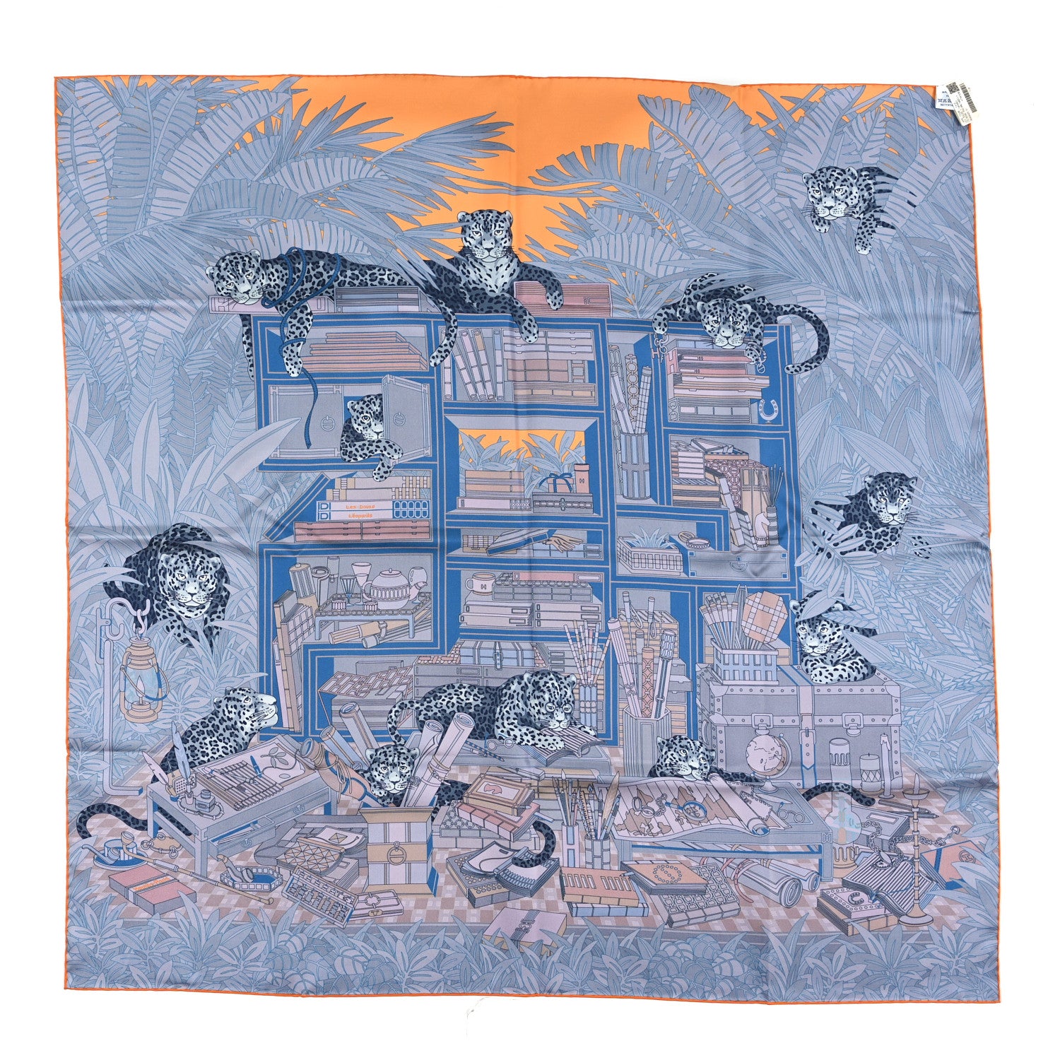 Hermes Silk Les Douze Leopards Double Face Scarf 90 Rose Poudre Ardoise Orange 4 of 4