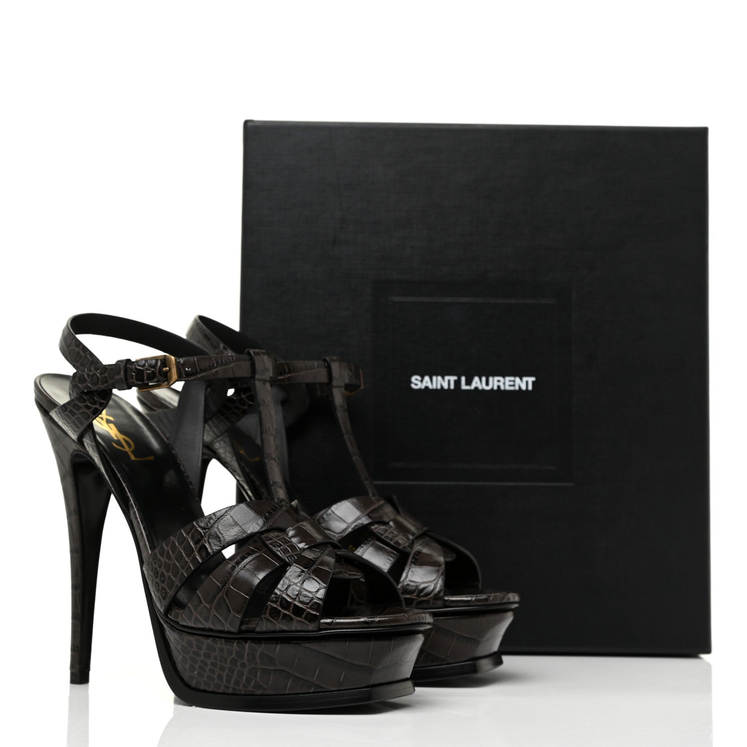 Saint Laurent Calfskin Embossed Crocodile Tribute 105 Platform Sandals 39 Ultra Grey 8 of 8