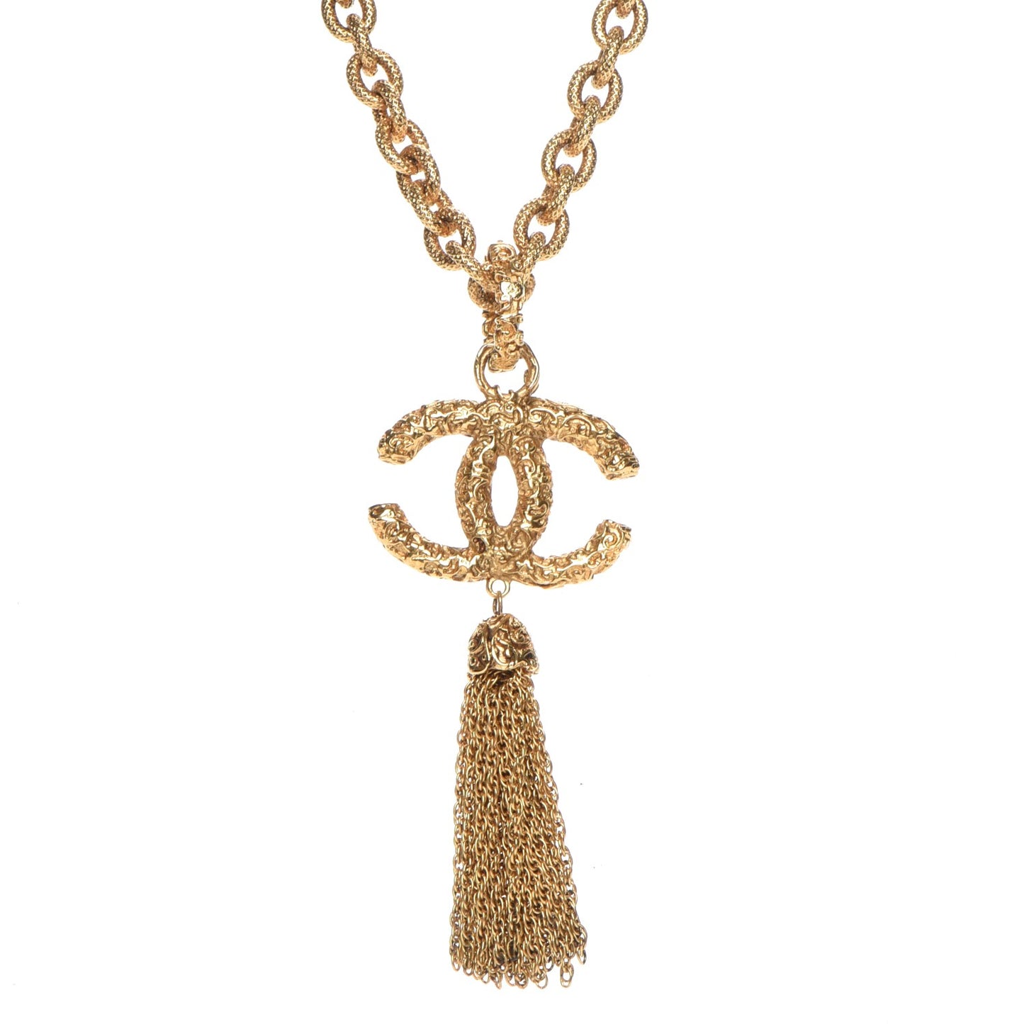 Textured Etruscan CC Tassel Necklace Gold