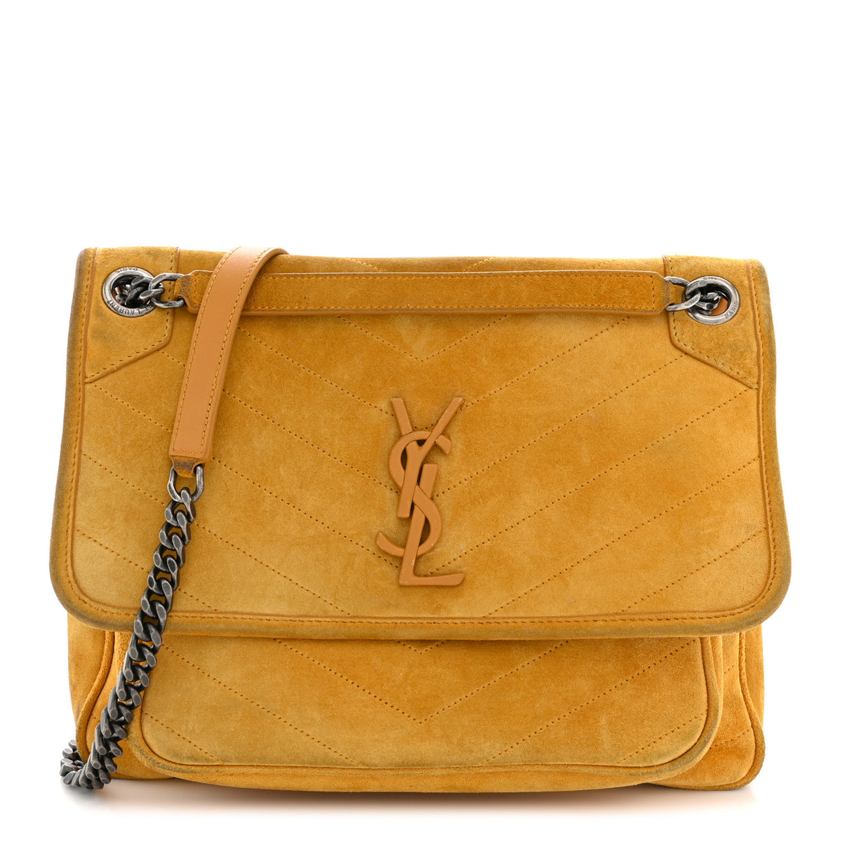 Suede Monogram Medium Niki Chain Satchel Cheddar