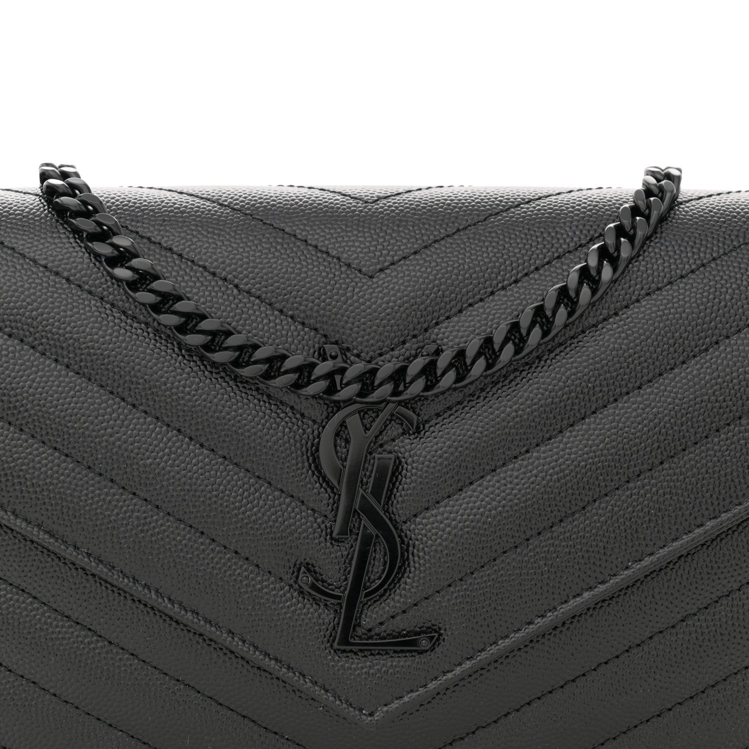 Saint Laurent Grain De Poudre Matelasse Chevron Monogram Monochrome Chain Wallet Black 8 of 10