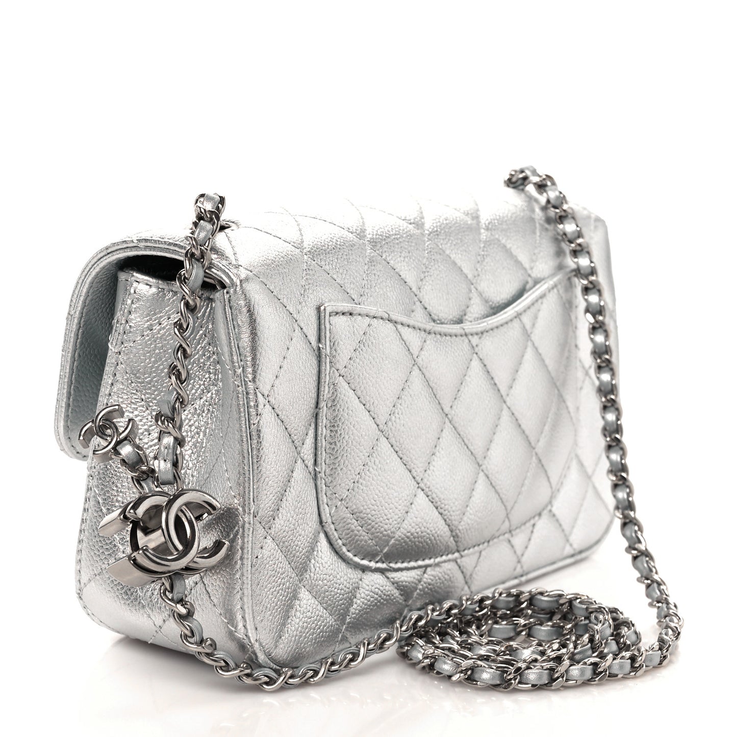 Metallic Caviar Quilted Mini Rectangular CC Slide Flap Silver