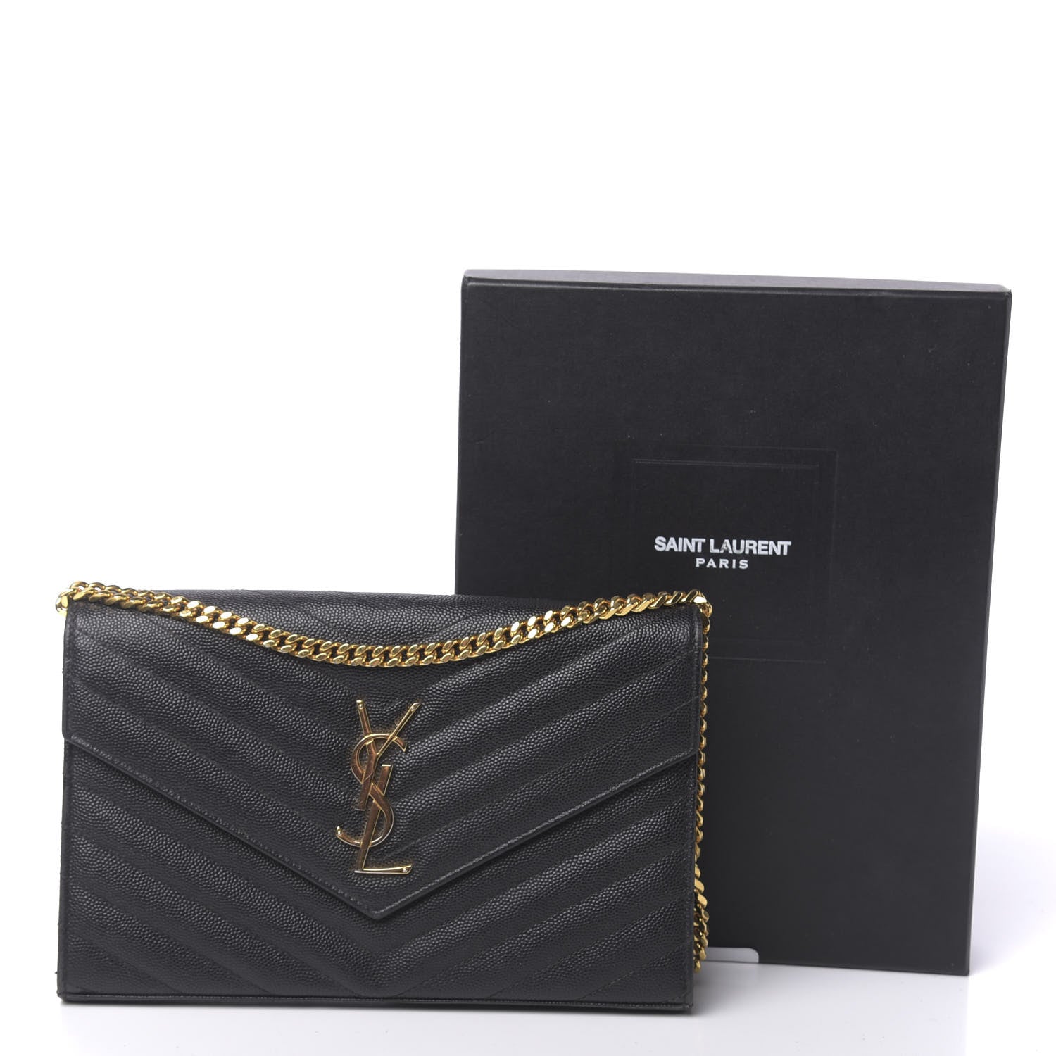 Saint Laurent Grain De Poudre Matelasse Chevron Monogram Chain Wallet Black 14 of 14
