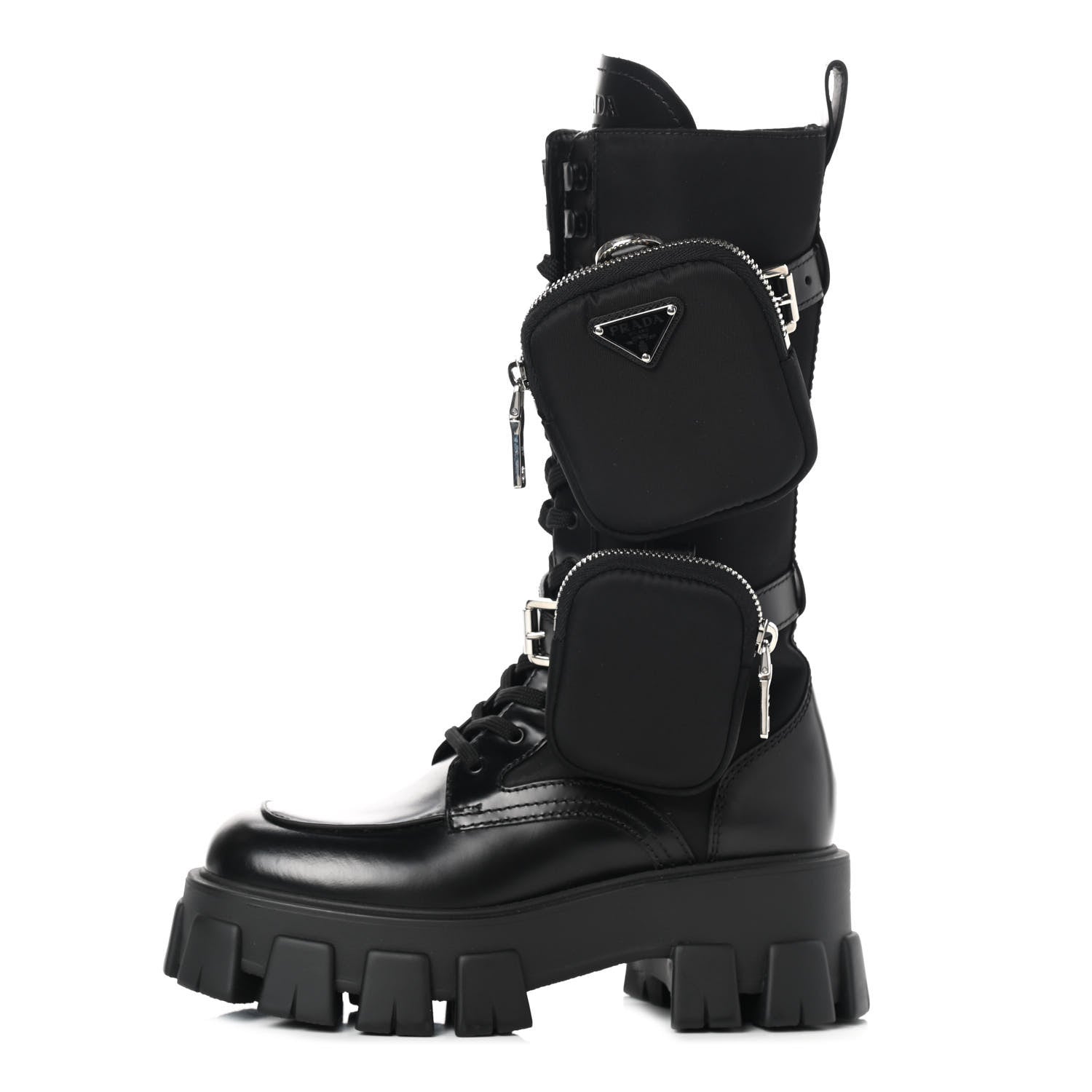 Prada Spazzolato Rois Re-Nylon Metal Triangle Logo Monolith Pouch Pocket 55mm Tall Combat Boots 36 Black 1 of 7
