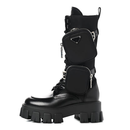 Prada Spazzolato Rois Re-Nylon Metal Triangle Logo Monolith Pouch Pocket 55mm Tall Combat Boots 36 Black 1 of 7