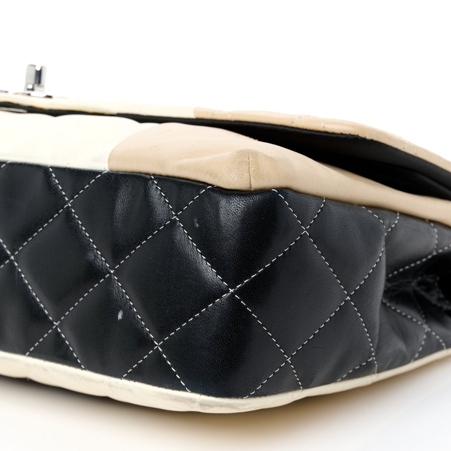 Lambskin Quilted Colorblock Jumbo Double Flap Black White Beige