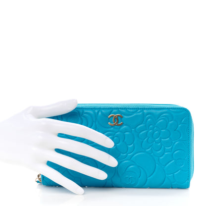 Chanel Lambskin Camellia Embossed Large Gusset Zip Around Wallet Turquoise 2 of 12