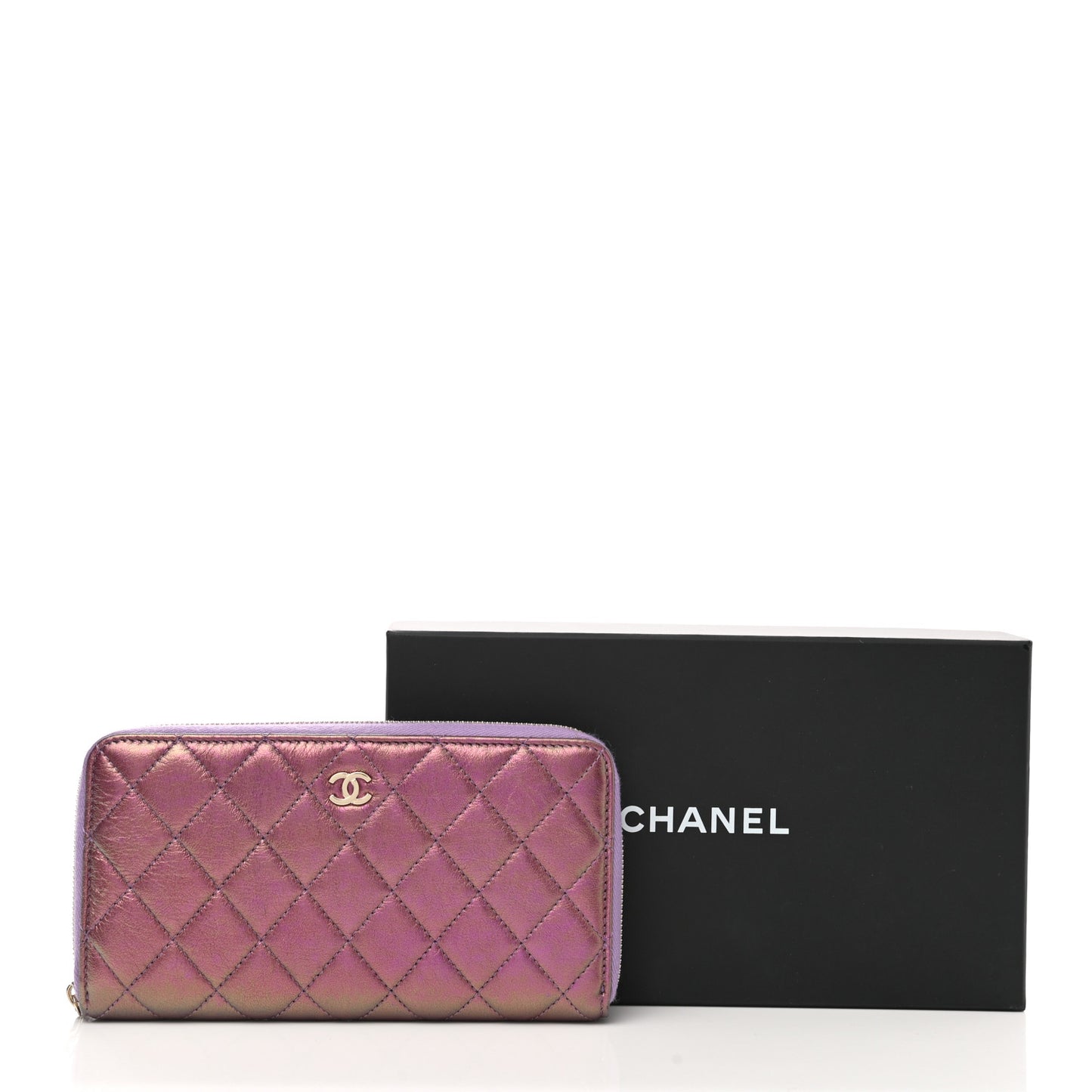 Iridescent Lambskin Quilted Large Gusset Zip Around Wallet Purple