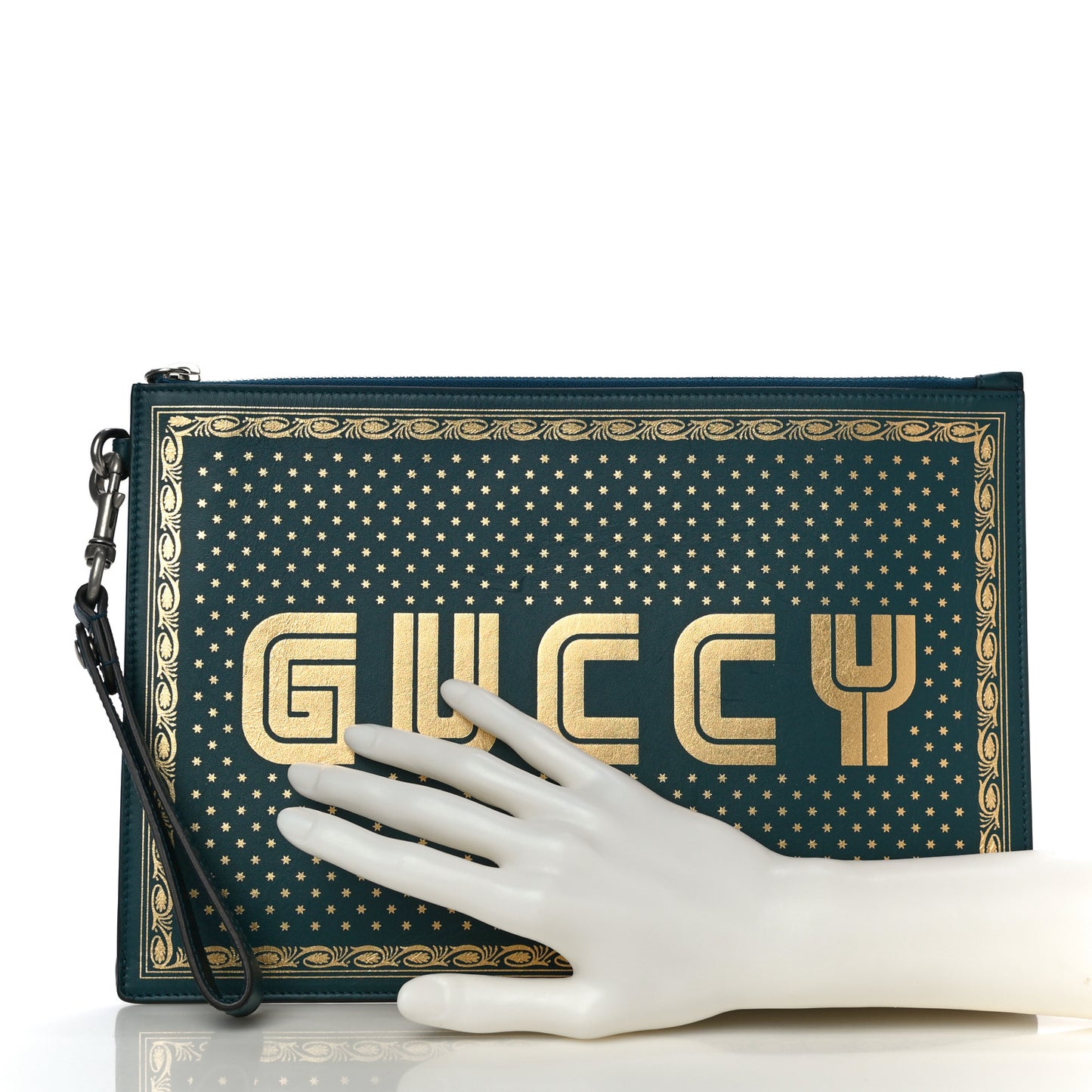 X SEGA Calfskin GUCCY Stars Zip Wristlet Pouch Dusty Turquoise Gold