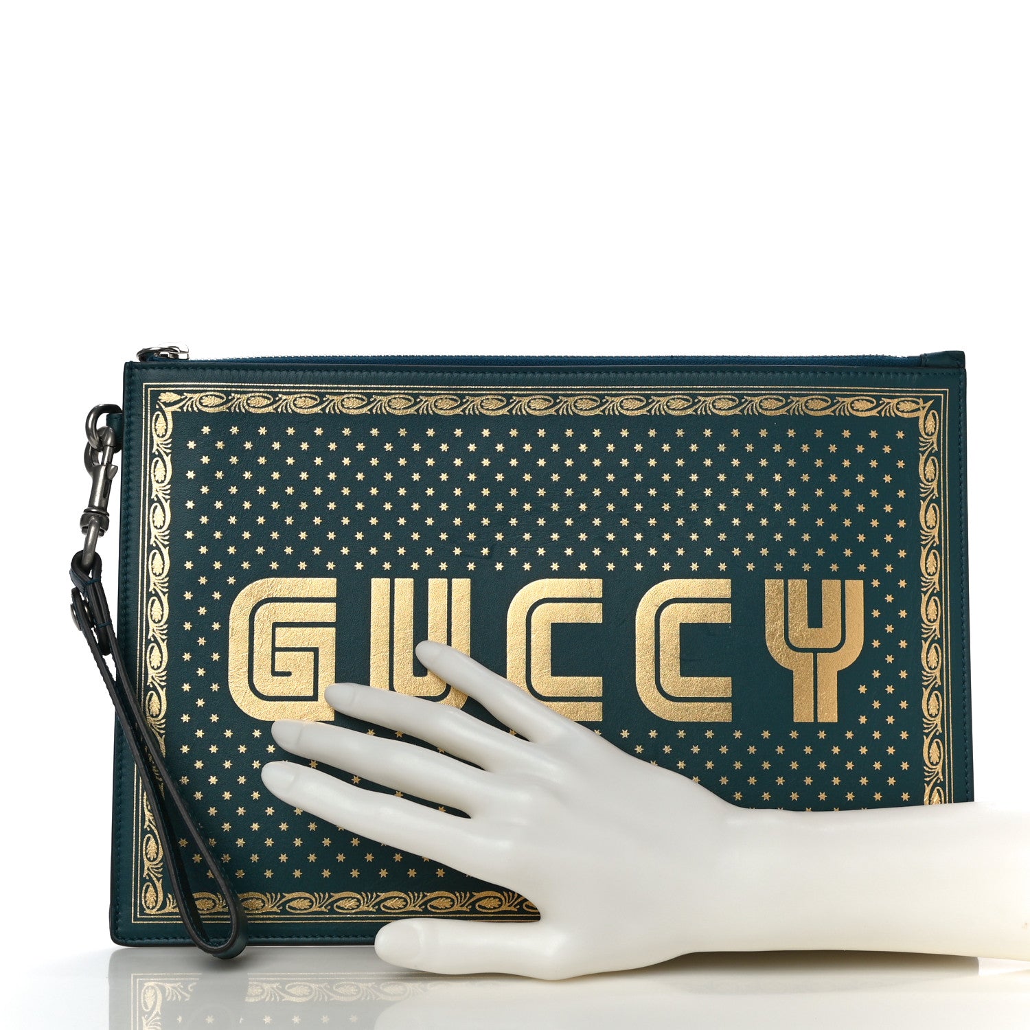 Gucci X SEGA Calfskin GUCCY Stars Zip Wristlet Pouch Dusty Turquoise Gold 2 of 12