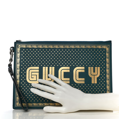Gucci X SEGA Calfskin GUCCY Stars Zip Wristlet Pouch Dusty Turquoise Gold 2 of 12