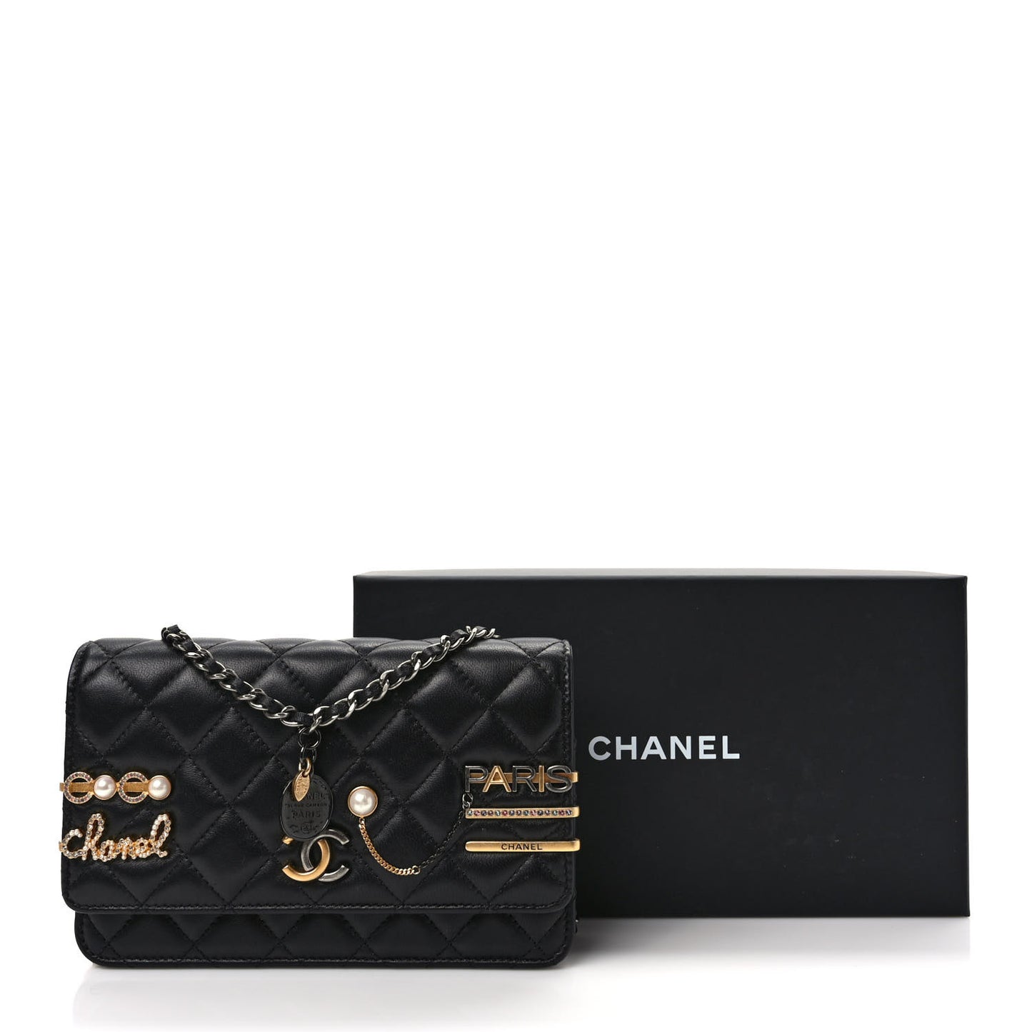 Lambskin Quilted Coco Clips Wallet On Chain WOC Black
