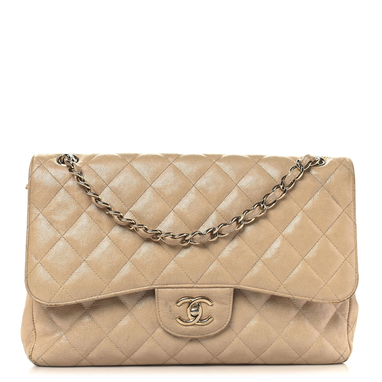 Iridescent Caviar Quilted Jumbo Double Flap Beige