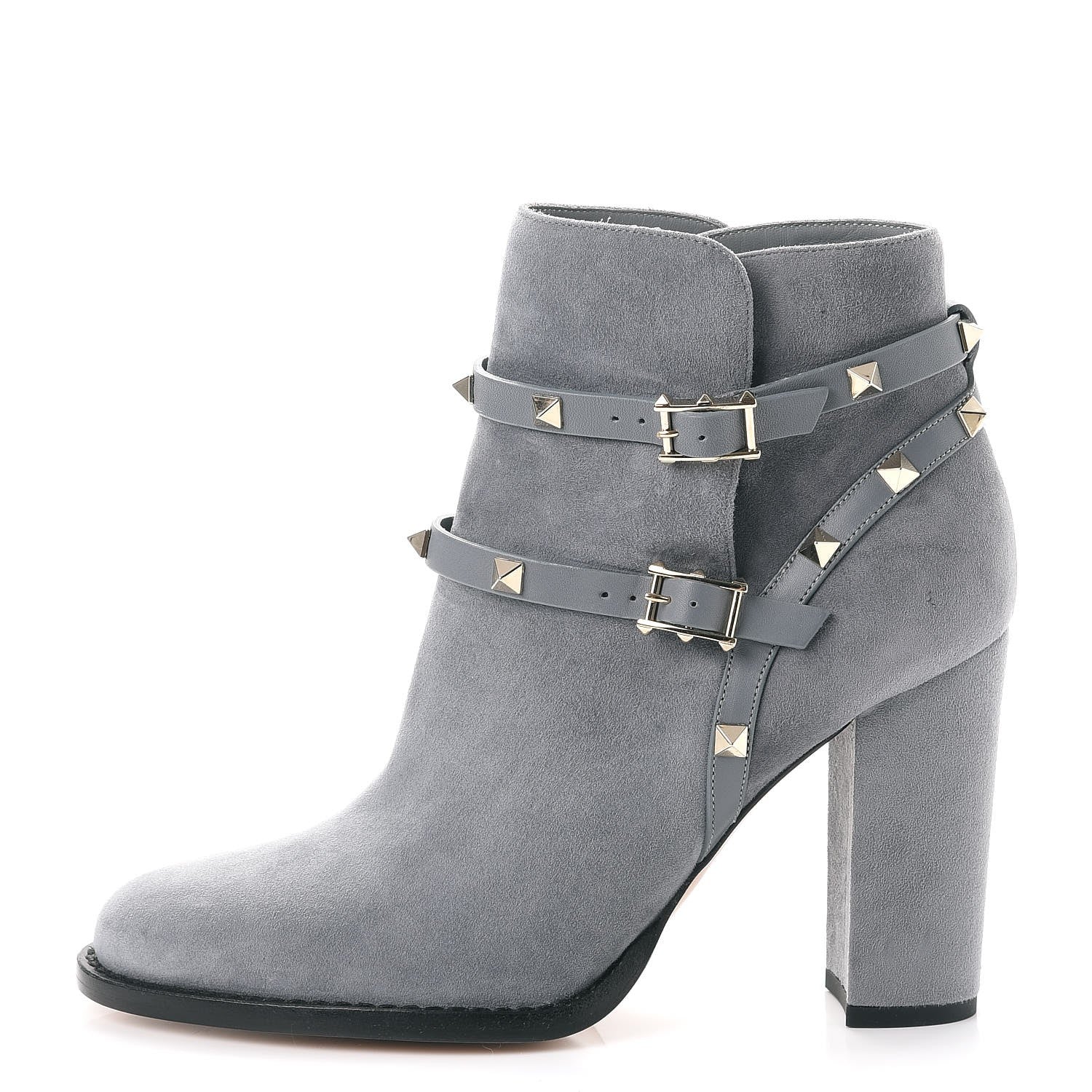 Valentino Garavani Suede Rockstud Double Buckle 100mm Block Heel Ankle Boots 38.5 Light Stone 1 of 14