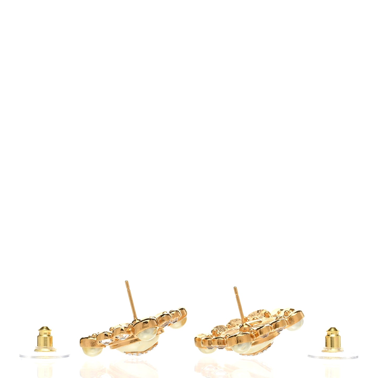 Pearl Crystal CC Round Earrings Gold