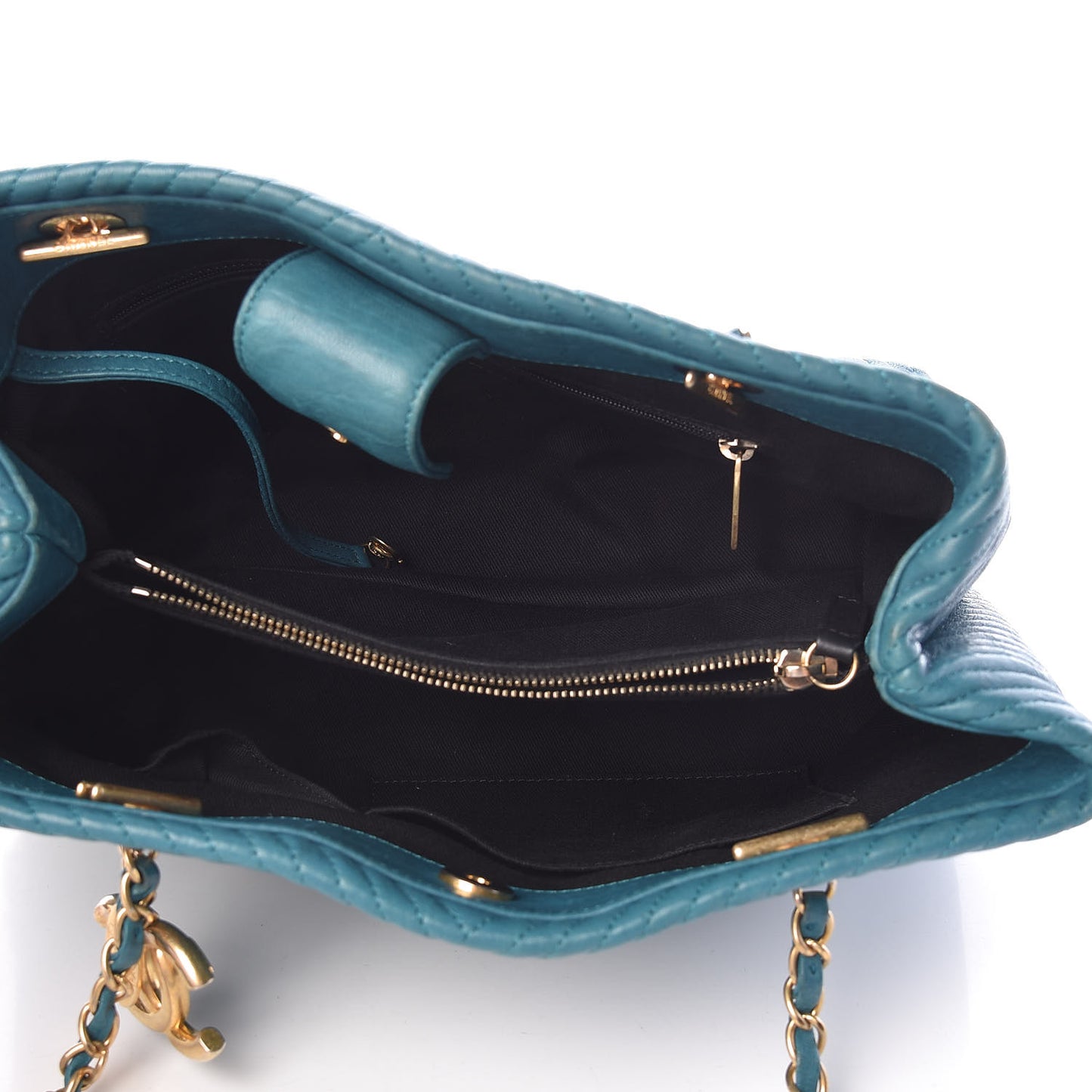 Wrinkled Lambskin Chevron Quilted Surpique Tote Turquoise