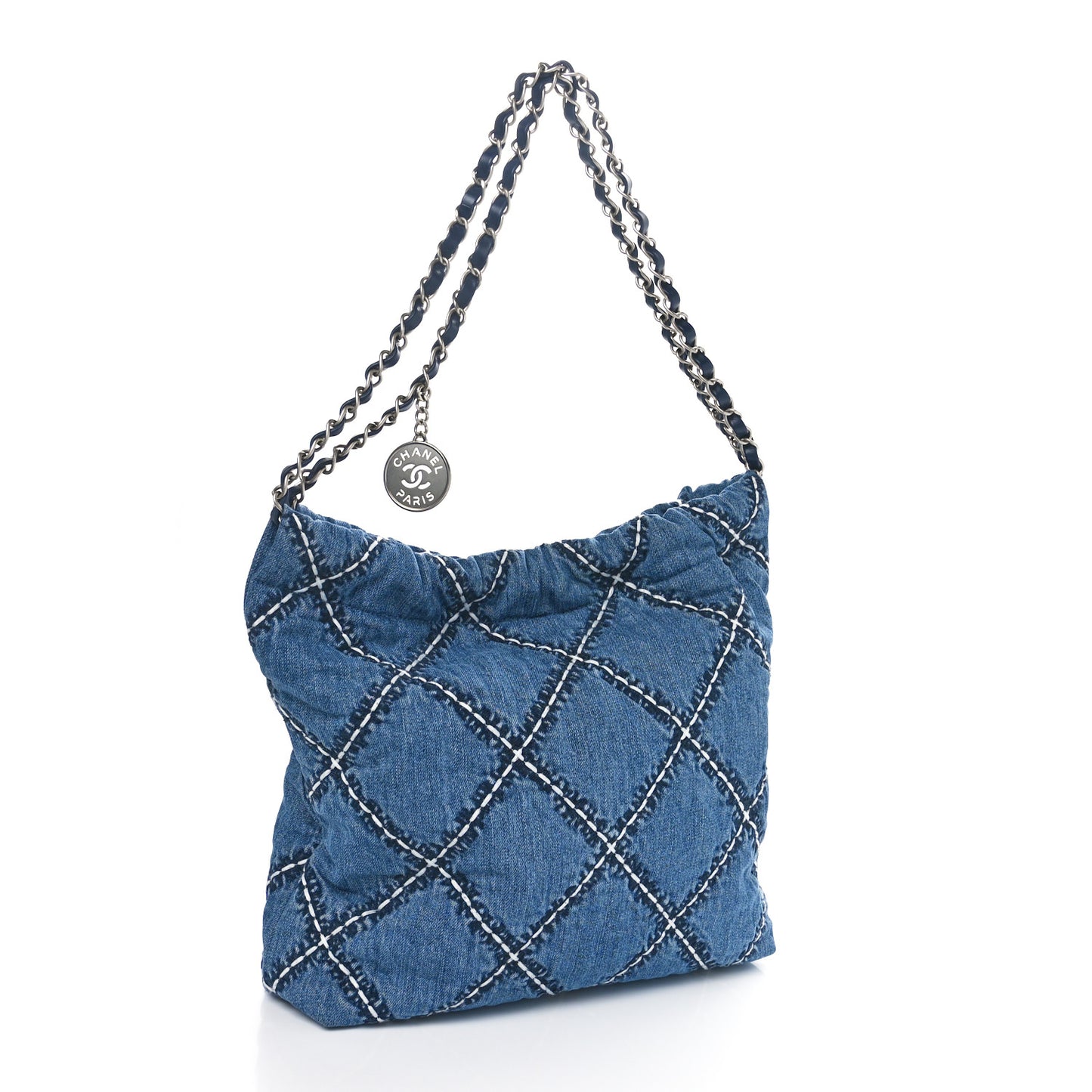 Denim Quilted Stitched Small Chanel 22 Blue