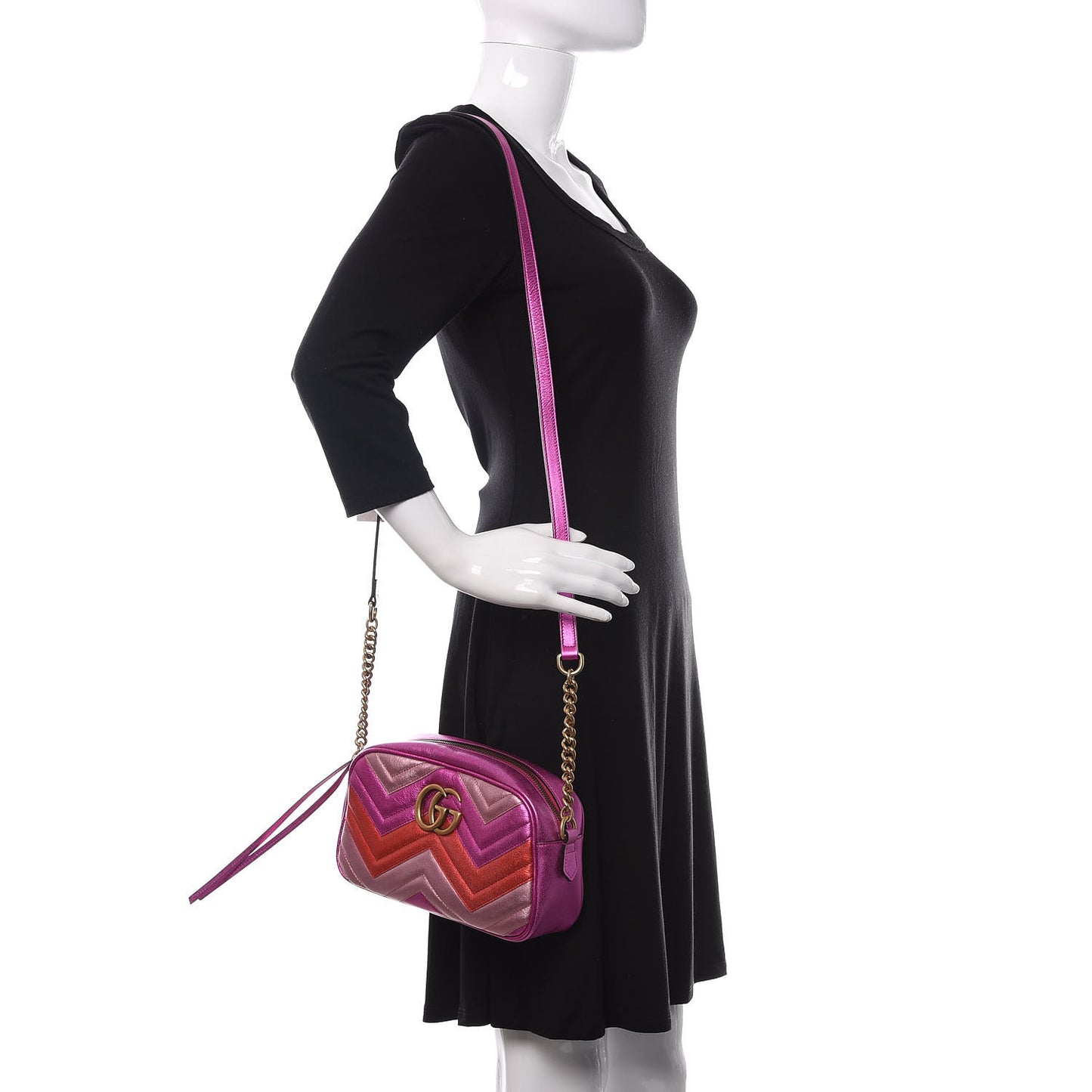 Laminated Nappa Matelasse Small GG Marmont Chain Shoulder Bag Fuxia Rosso Rosa