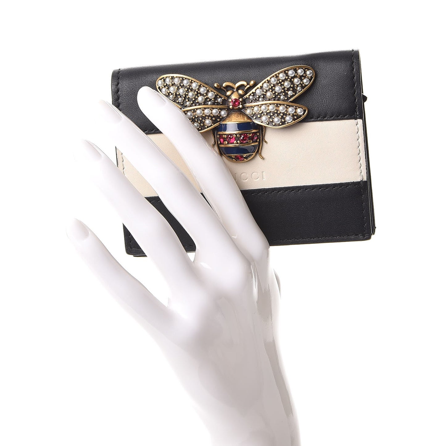 Calfskin Queen Margaret Card Case Wallet Black Mystic White