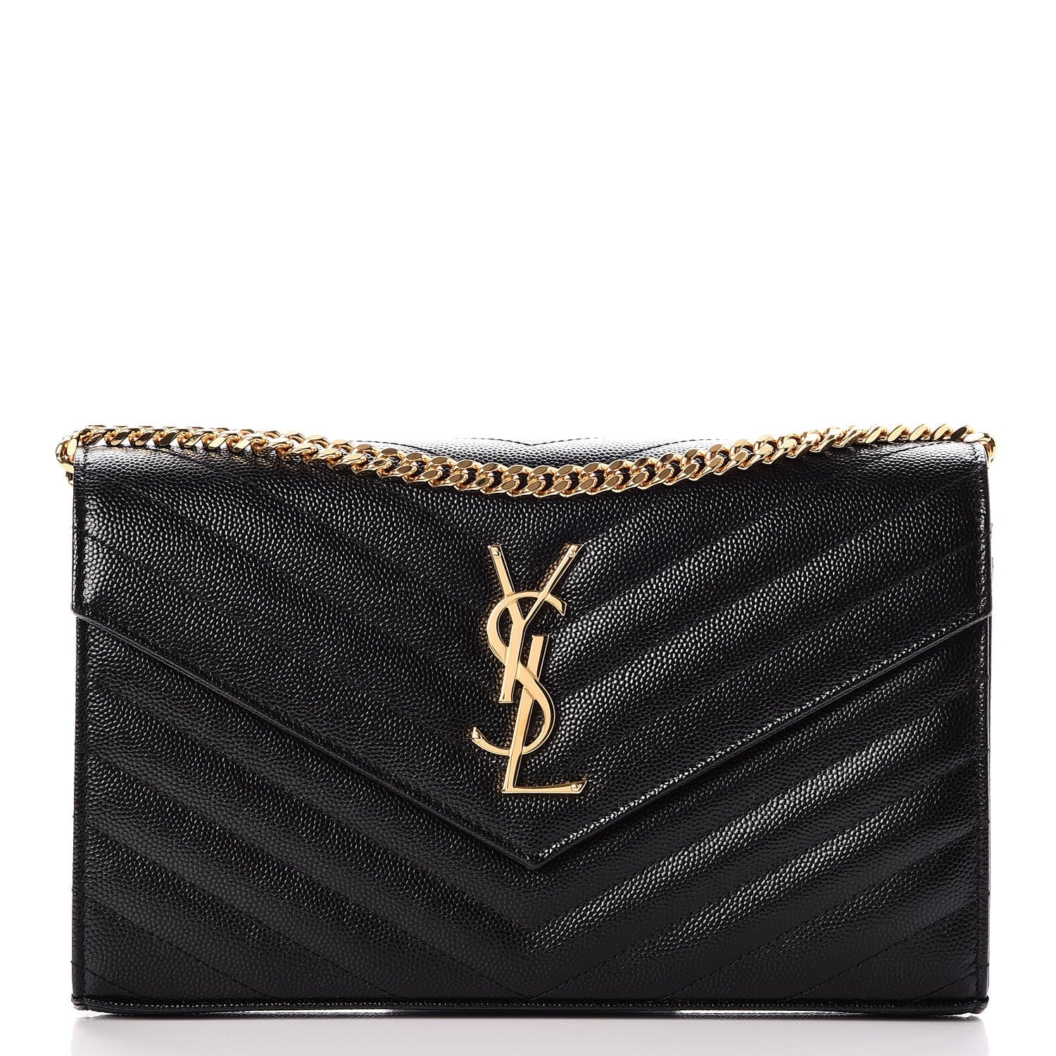 Saint Laurent Grain De Poudre Matelasse Chevron Monogram Chain Wallet Black 1 of 8