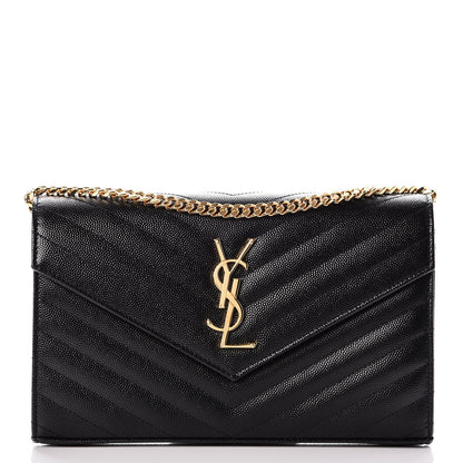 Saint Laurent Grain De Poudre Matelasse Chevron Monogram Chain Wallet Black 1 of 8