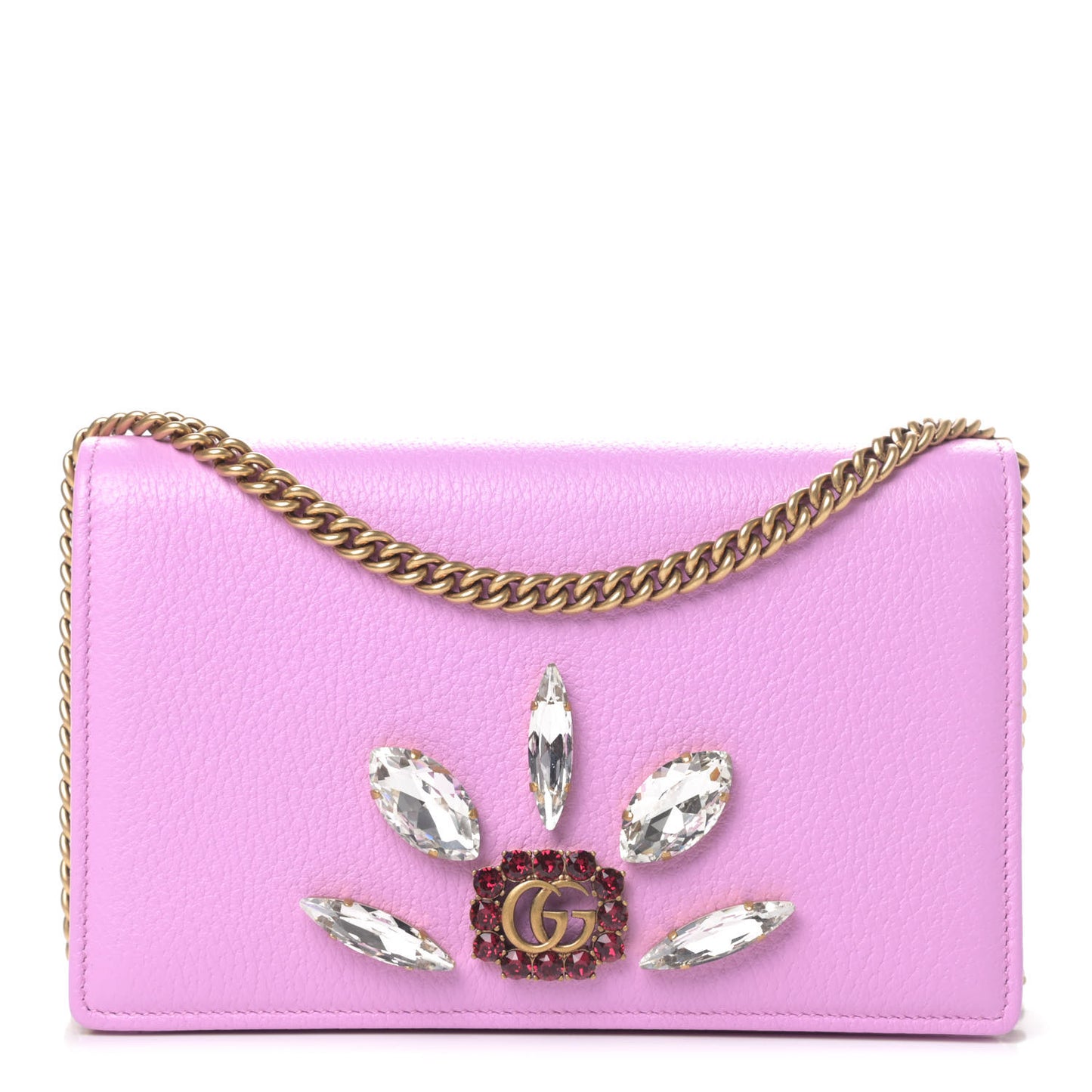 Calfskin Marquise Crystals Mini GG Chain Wallet Malva