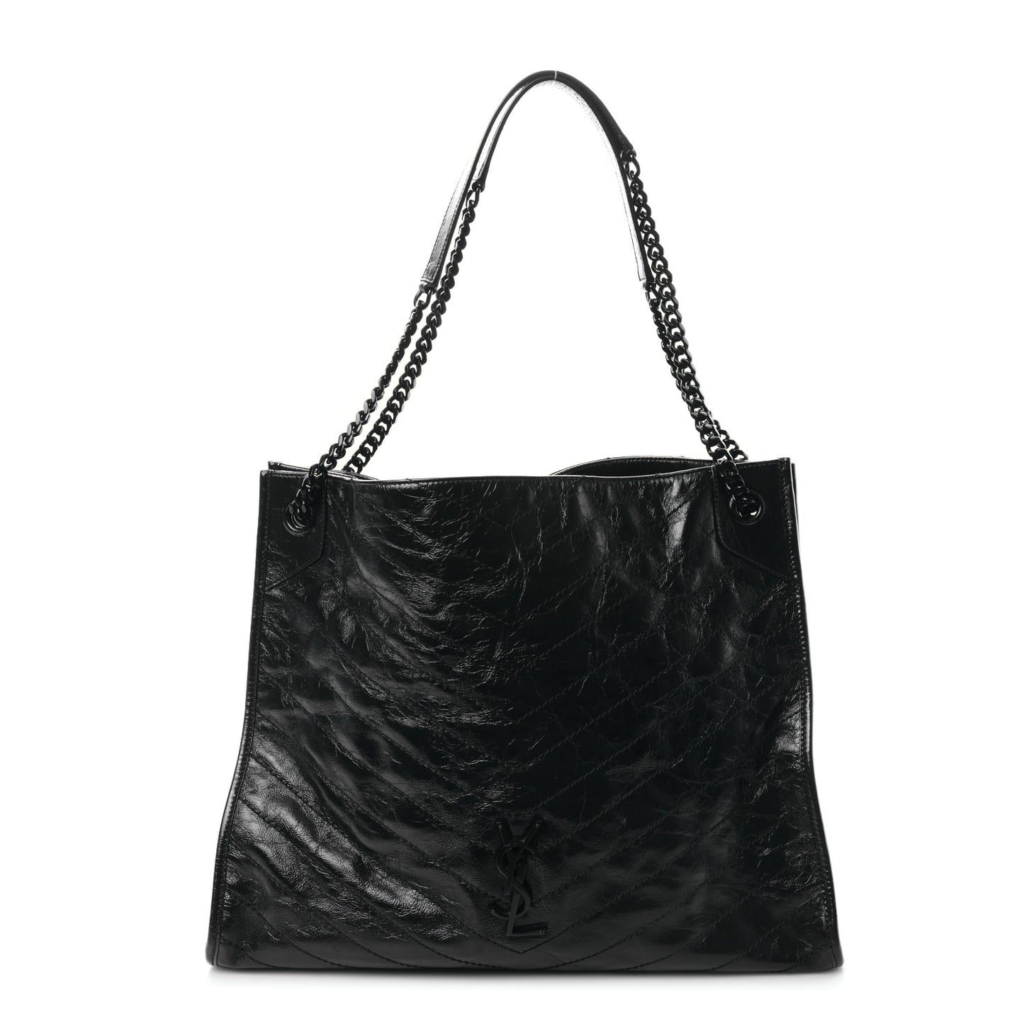 Crinkled Calfskin Matelasse Monogram Large Niki Shopper Tote Black