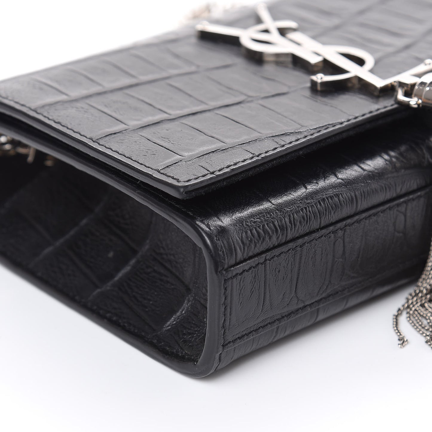 Calfskin Crocodile Embossed Monogram Small Kate Tassel Satchel Black