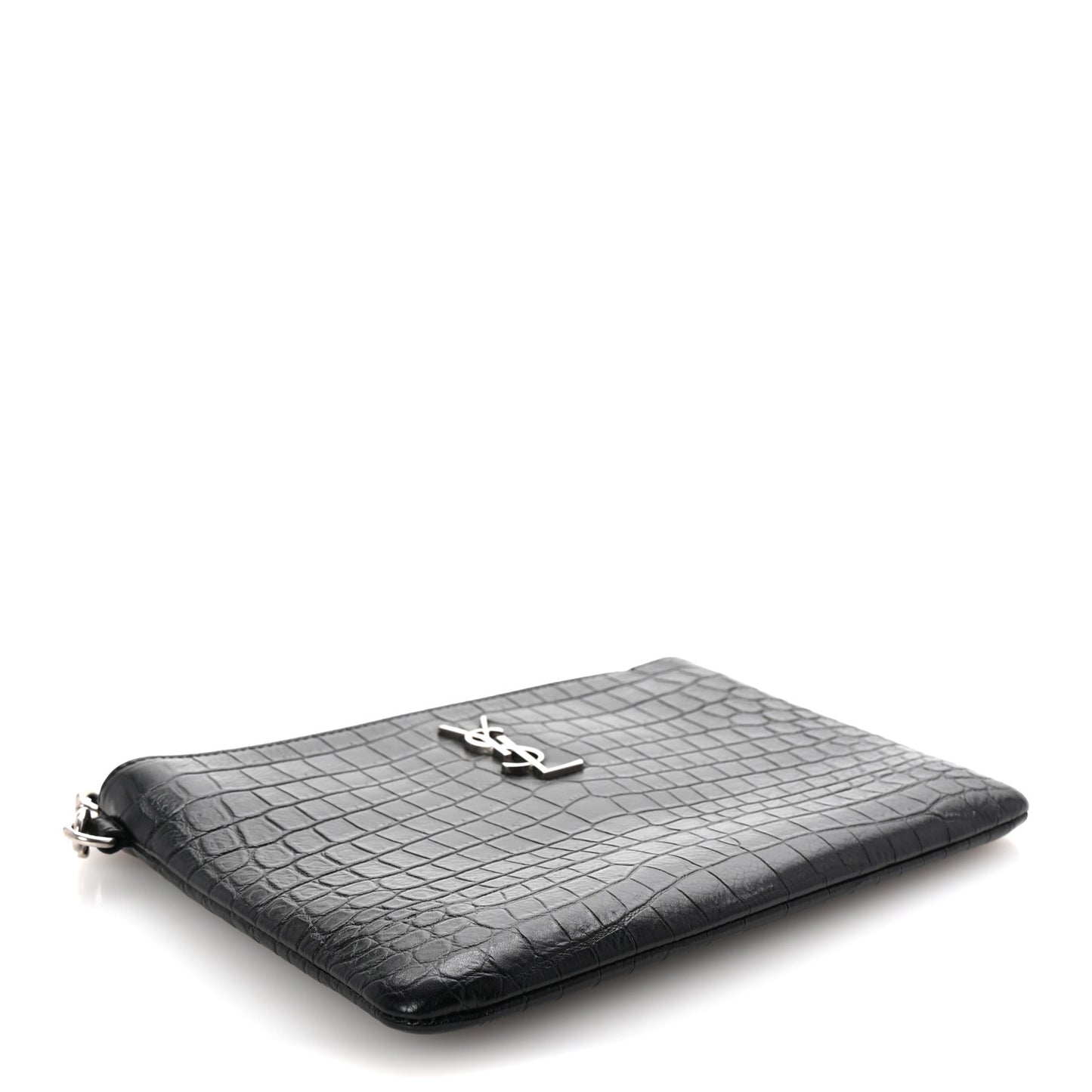 Calfskin Crocodile Embossed Monogram Zip Pouch Black