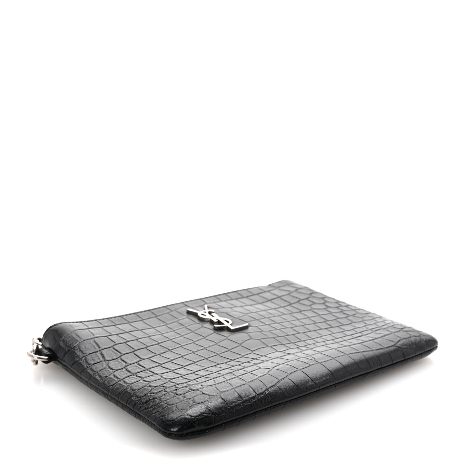 Saint Laurent Calfskin Crocodile Embossed Monogram Zip Pouch Black 4 of 7