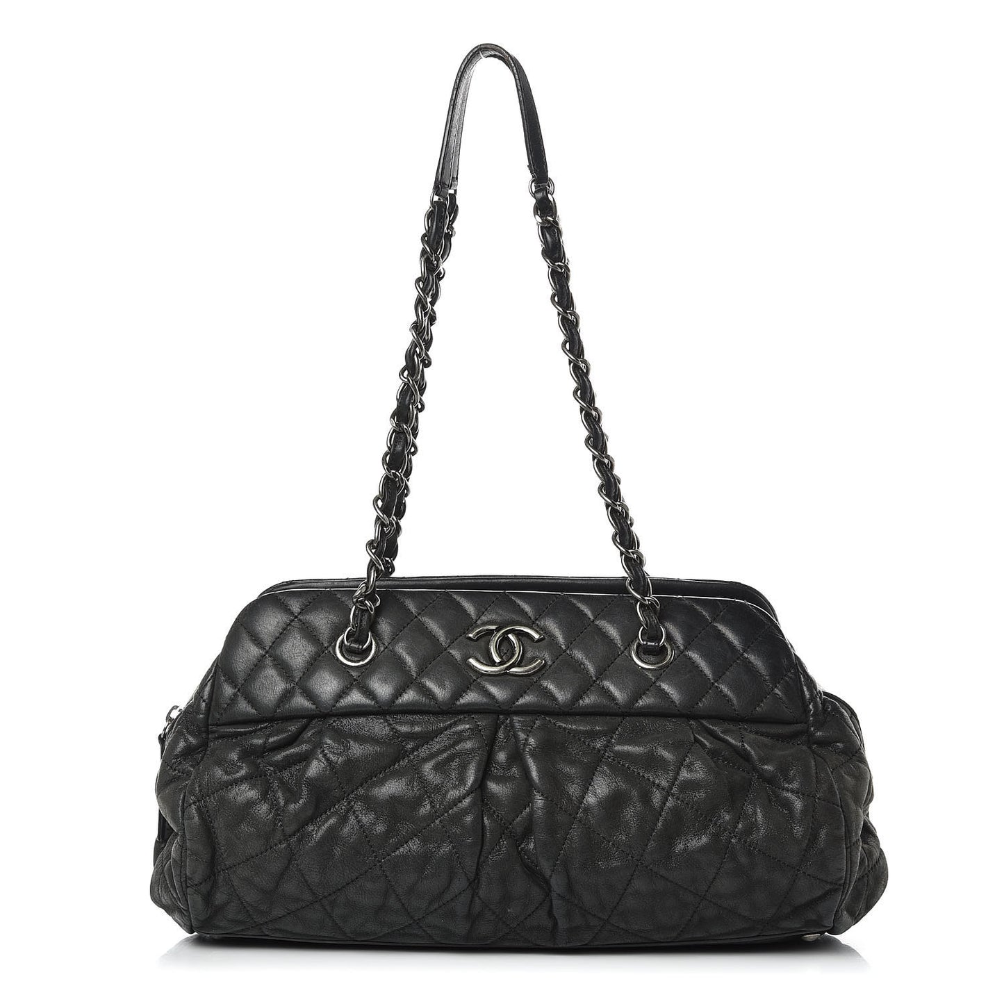 Iridescent Calfskin Chic Quilt Bowling Bag Black