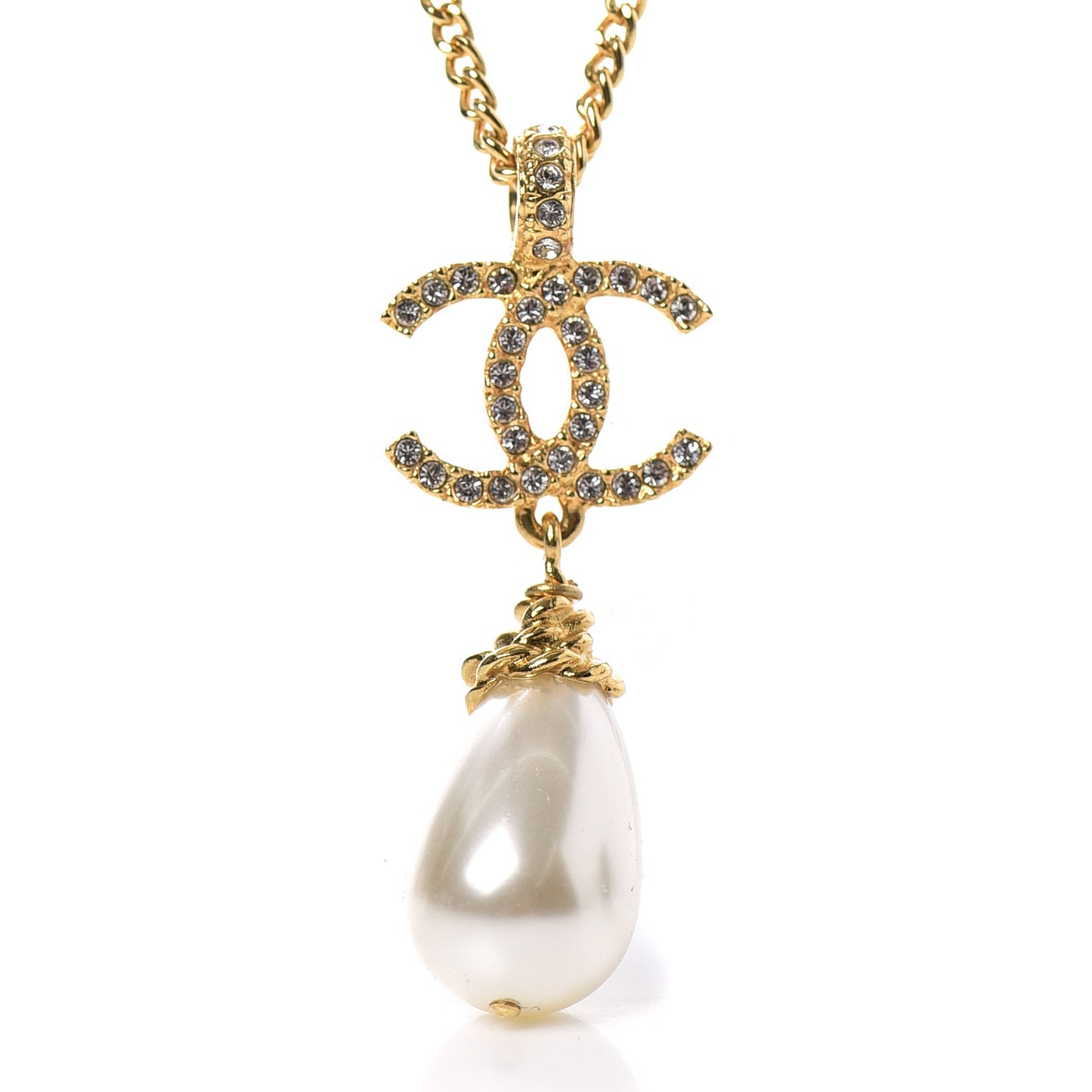 Pearl Crystal Twisted CC Drop Necklace Gold