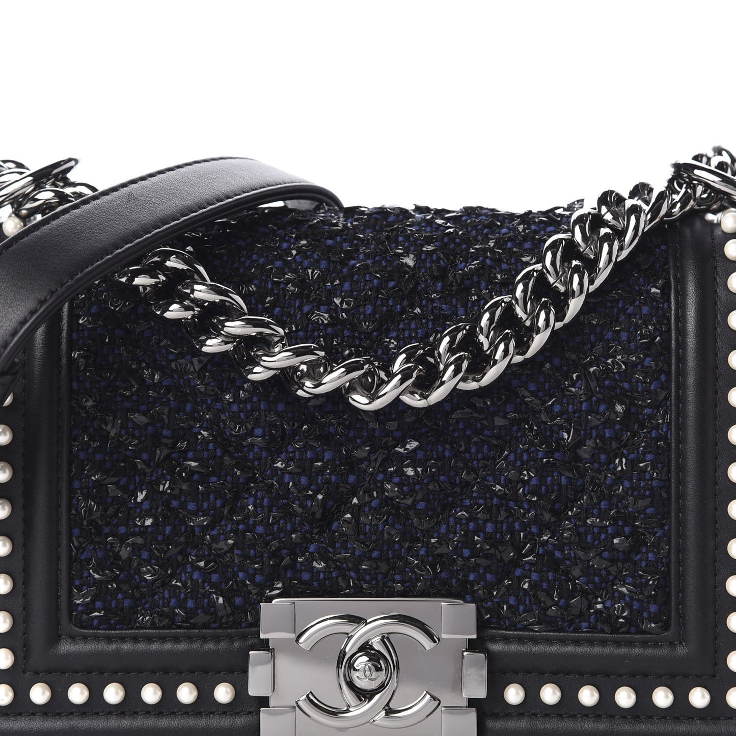Calfskin Pearl Tweed Small Boy Flap Black