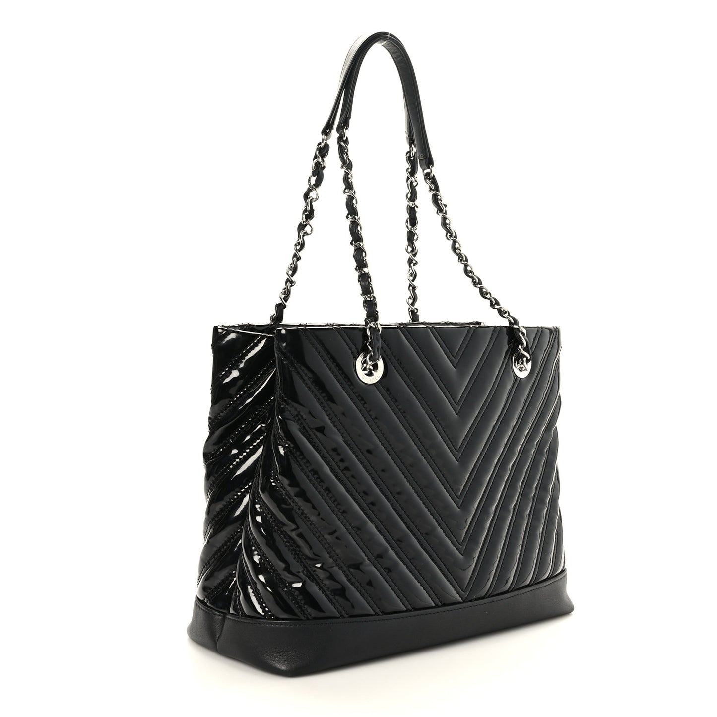 Patent Chevron Shopper Tote Black
