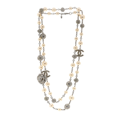 Chanel Pearl Crystal CC Camellia Long Necklace Silver 3 of 6