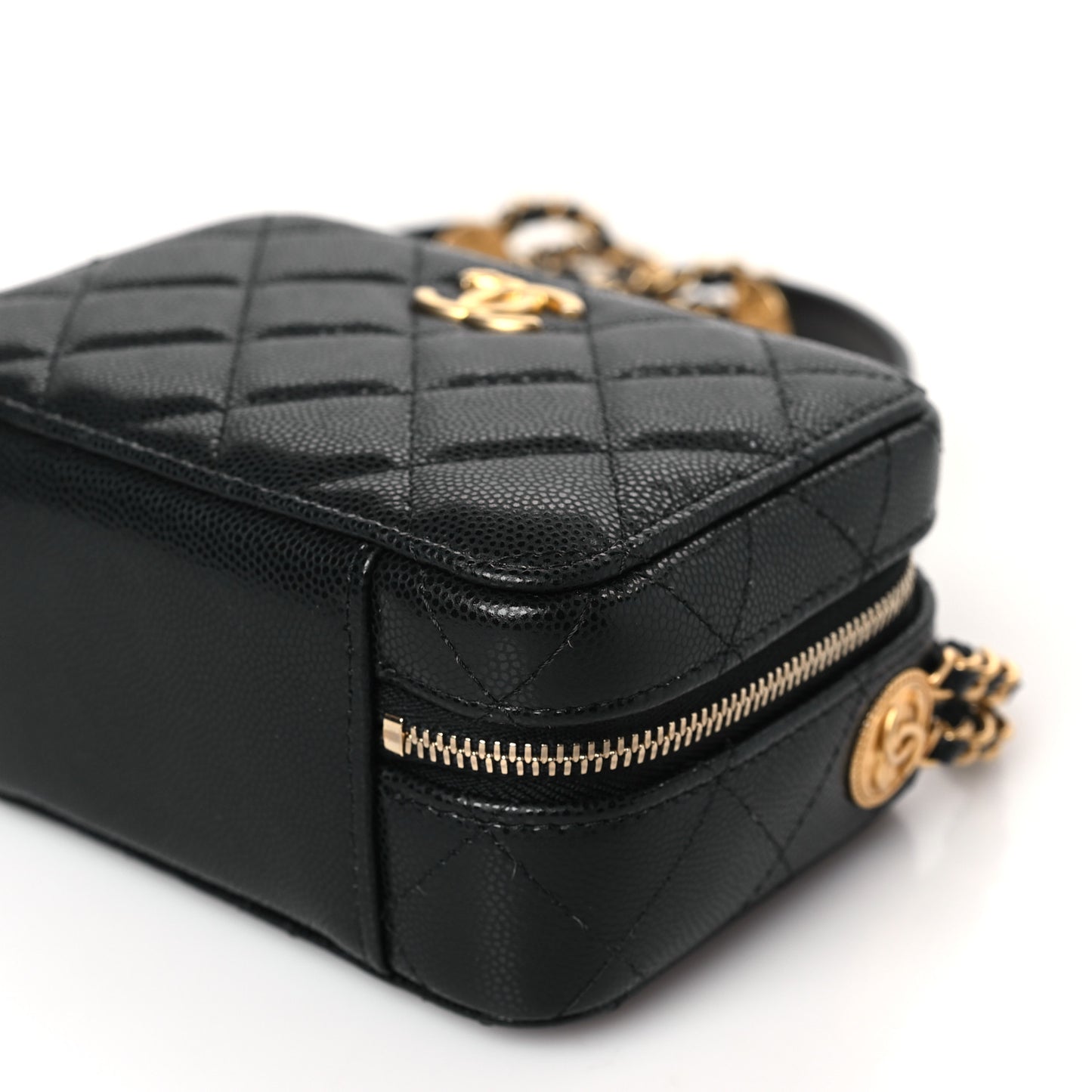 Caviar Quilted Twist Your Buttons Clutch With Chain Black