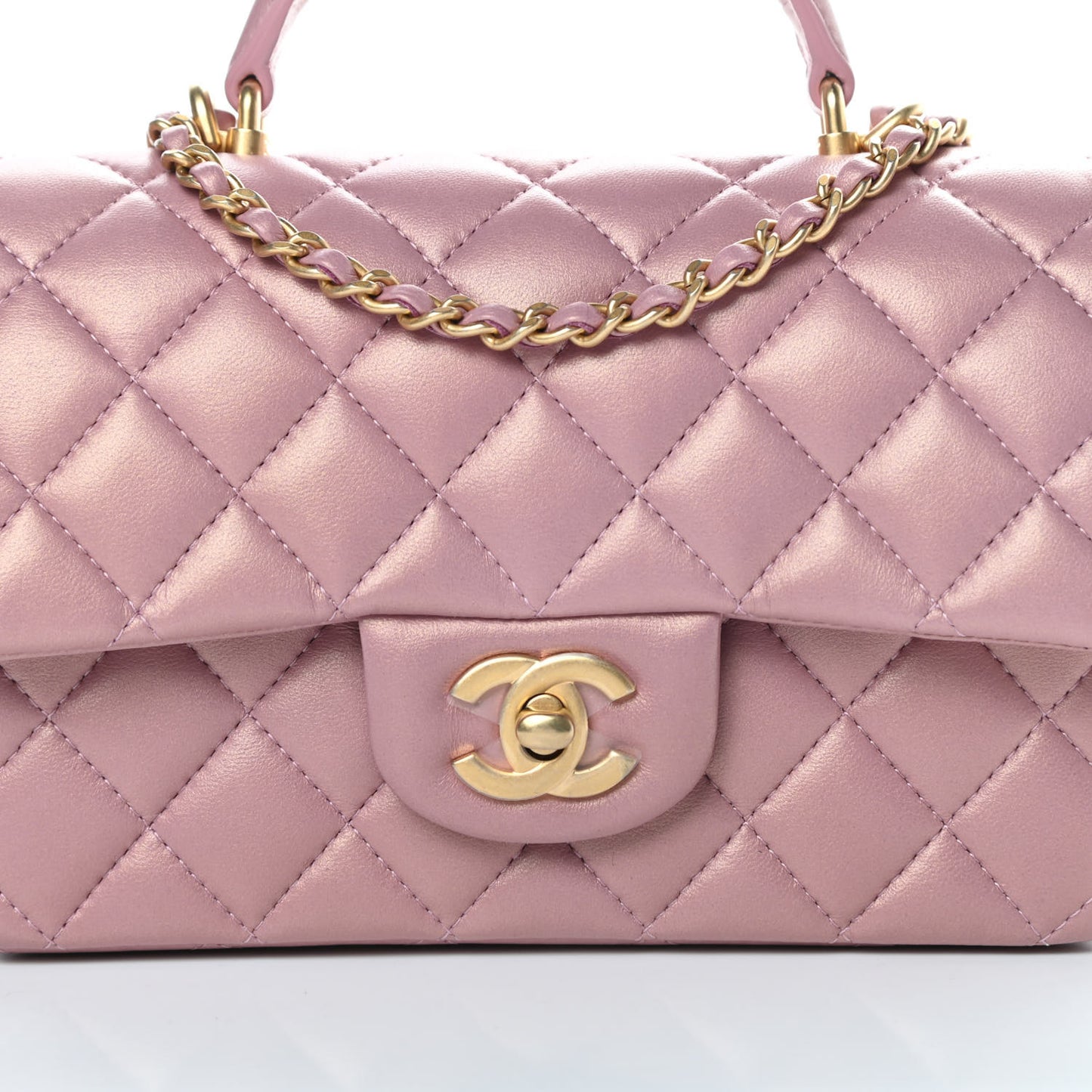 Iridescent Lambskin Quilted Mini Top Handle Rectangular Flap Pink