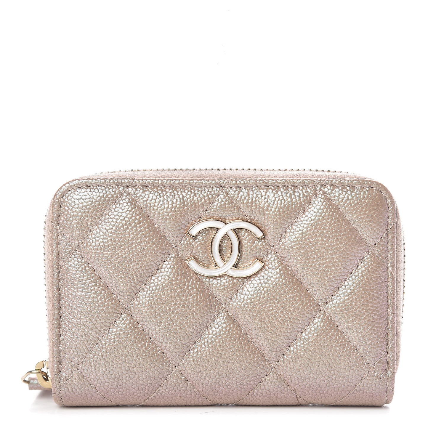 Iridescent Caviar Quilted Zip Around Coin Purse Beige