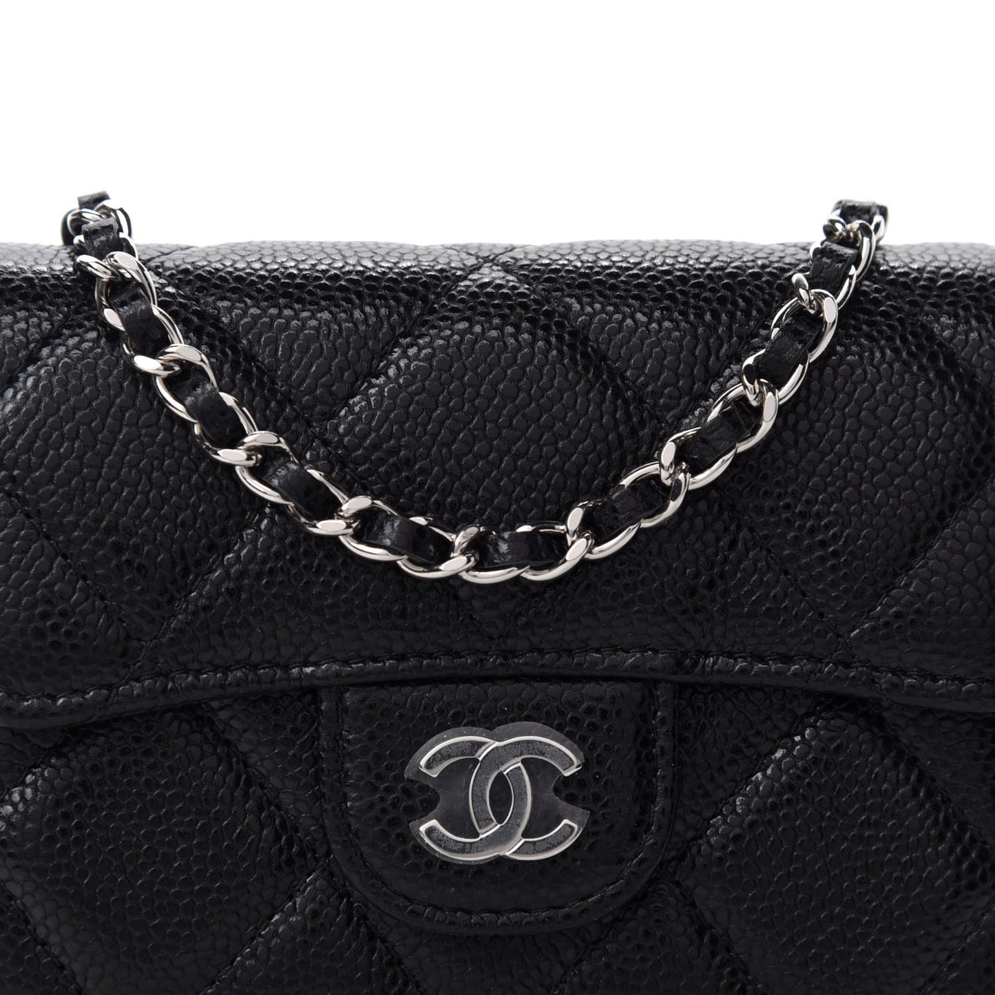 Caviar Quilted Flap Card Holder On Chain Black