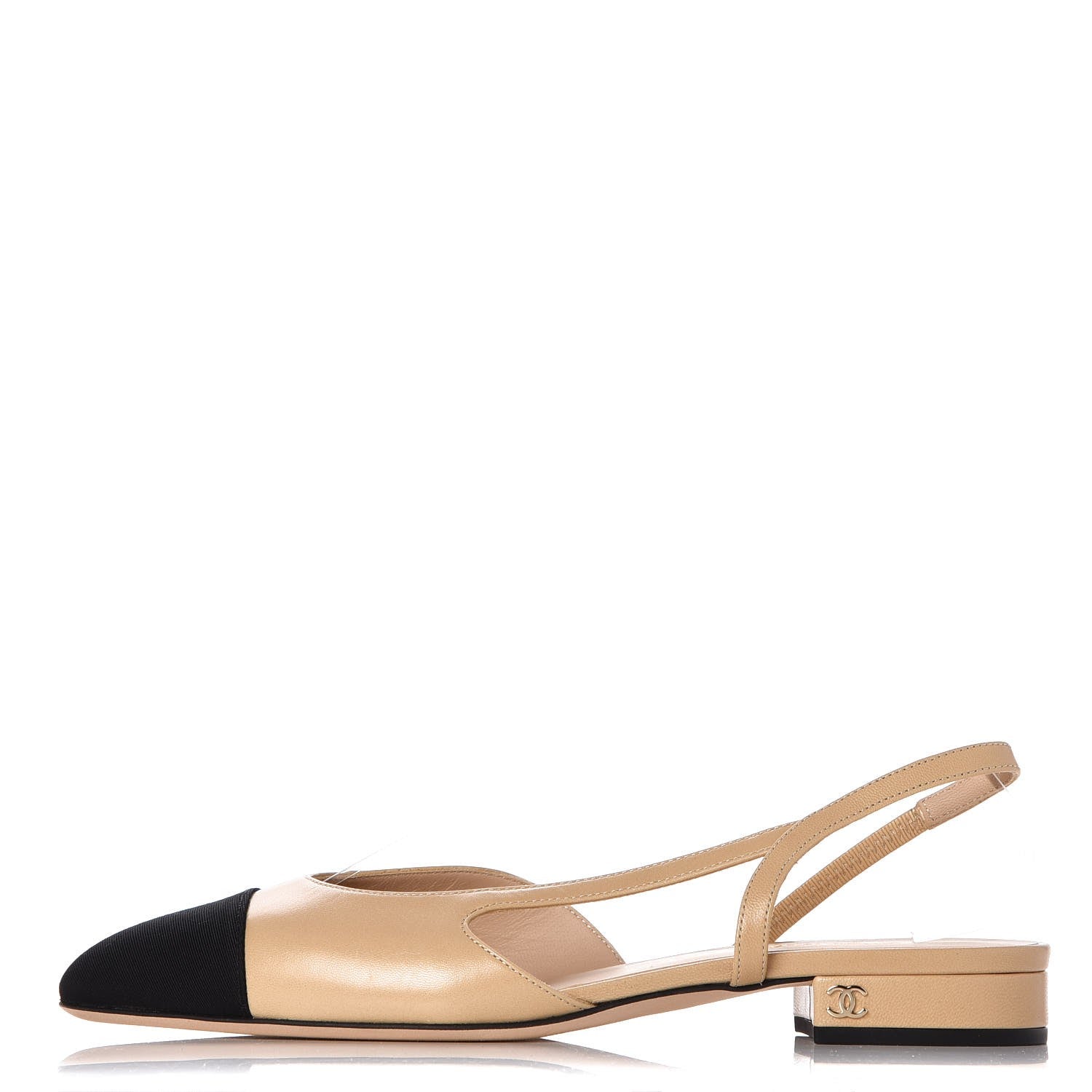 Chanel Lambskin Grosgrain Cap Toe CC Slingback Sandals 37.5 Beige Black 1 of 9