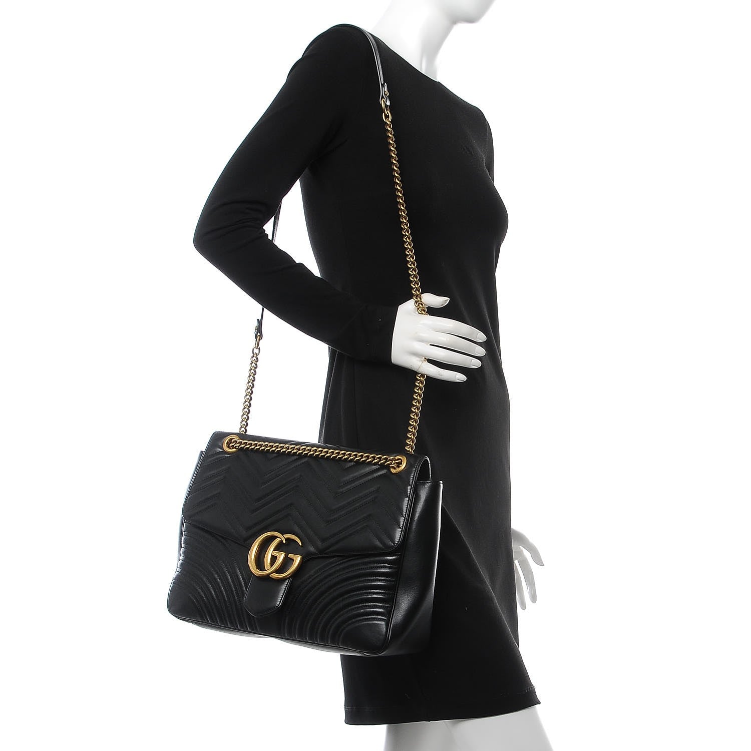 Gucci Calfskin Matelasse Large GG Marmont Shoulder Bag Black 2 of 7