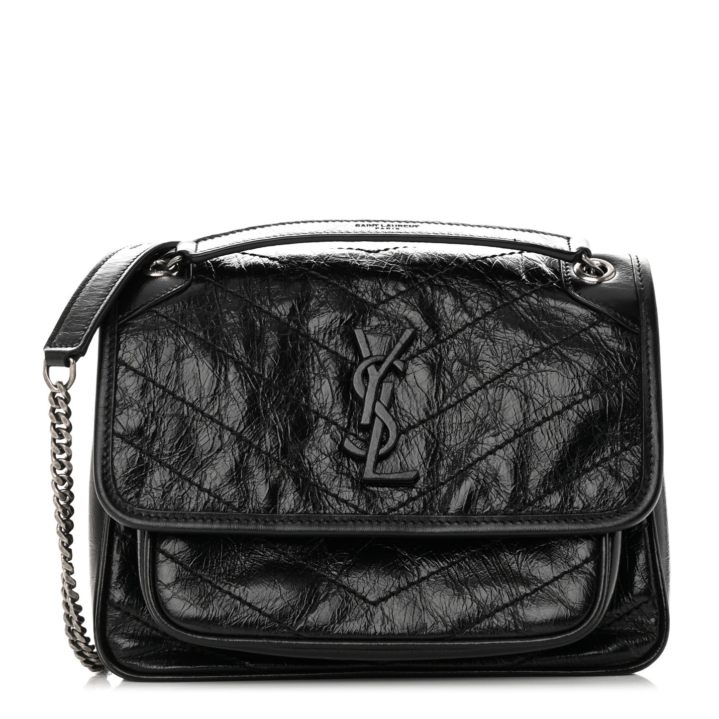 Crinkled Calfskin Matelasse Monogram Baby Niki Chain Satchel Black