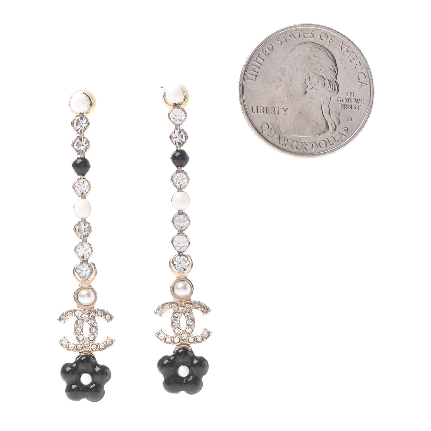 Crystal Enamel Flower CC Drop Earrings Gold White Black