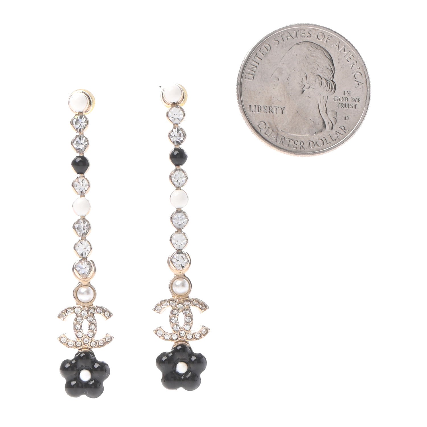 Chanel Crystal Enamel Flower CC Drop Earrings Gold White Black 2 of 4