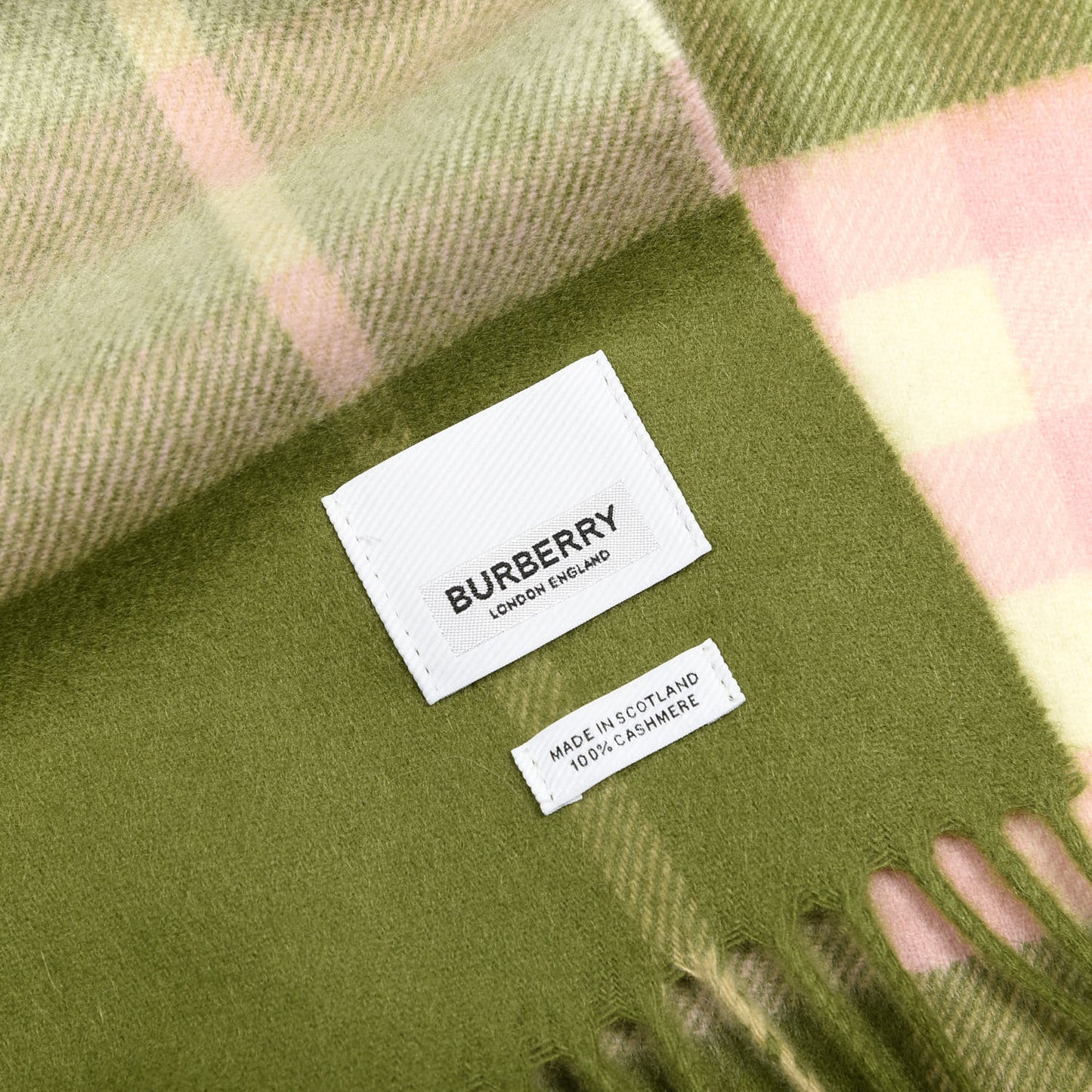 Cashmere Half Mega Check Fringe Scarf Green Tan Pink Cream