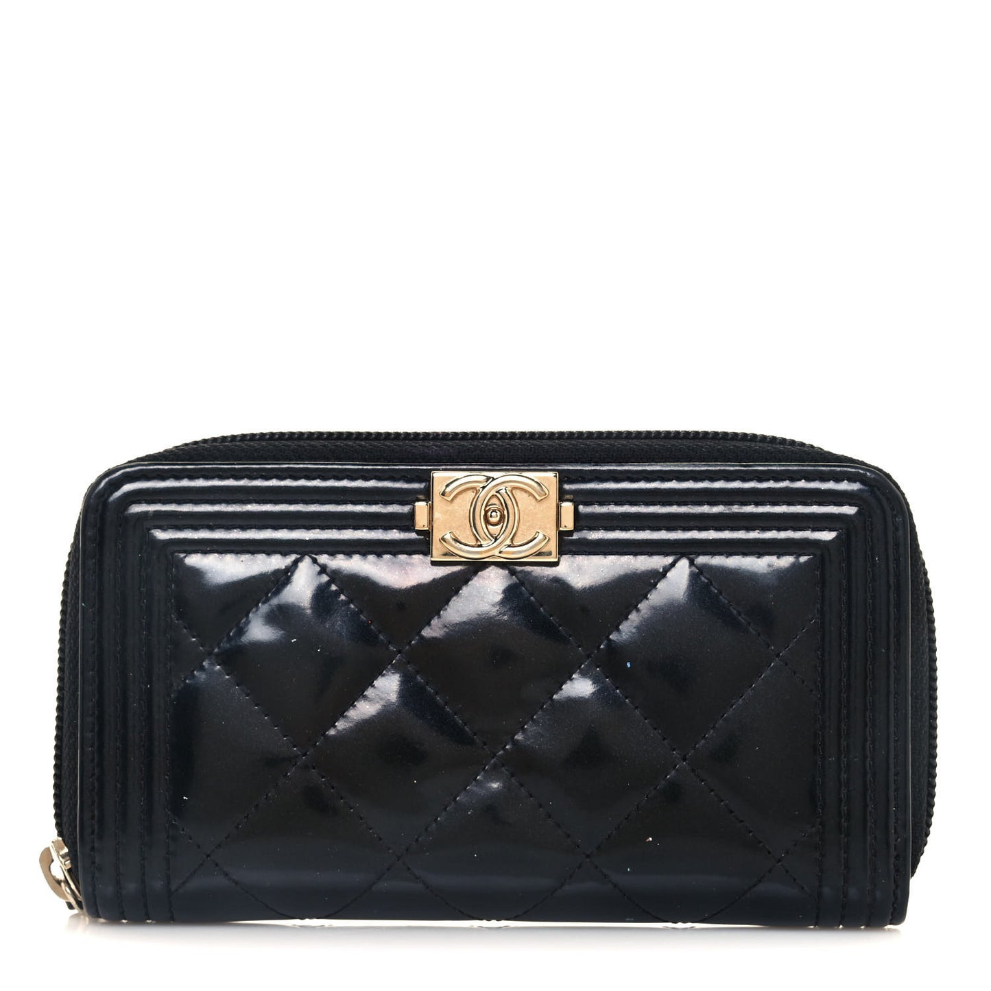 Patent Quilted Small Boy Zip Around Wallet Black