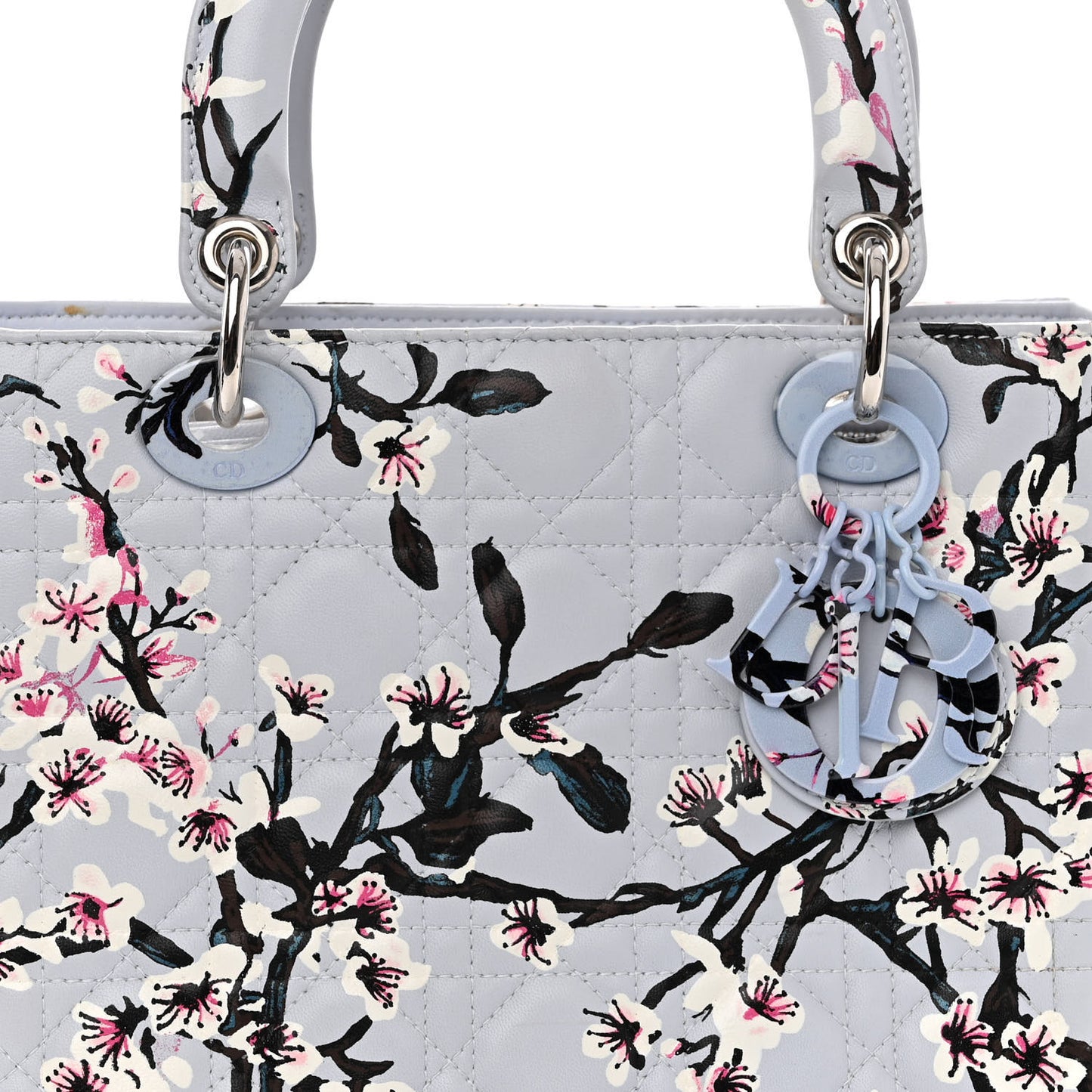 Lambskin Cannage Floral Printed Medium Lady Dior Light Blue