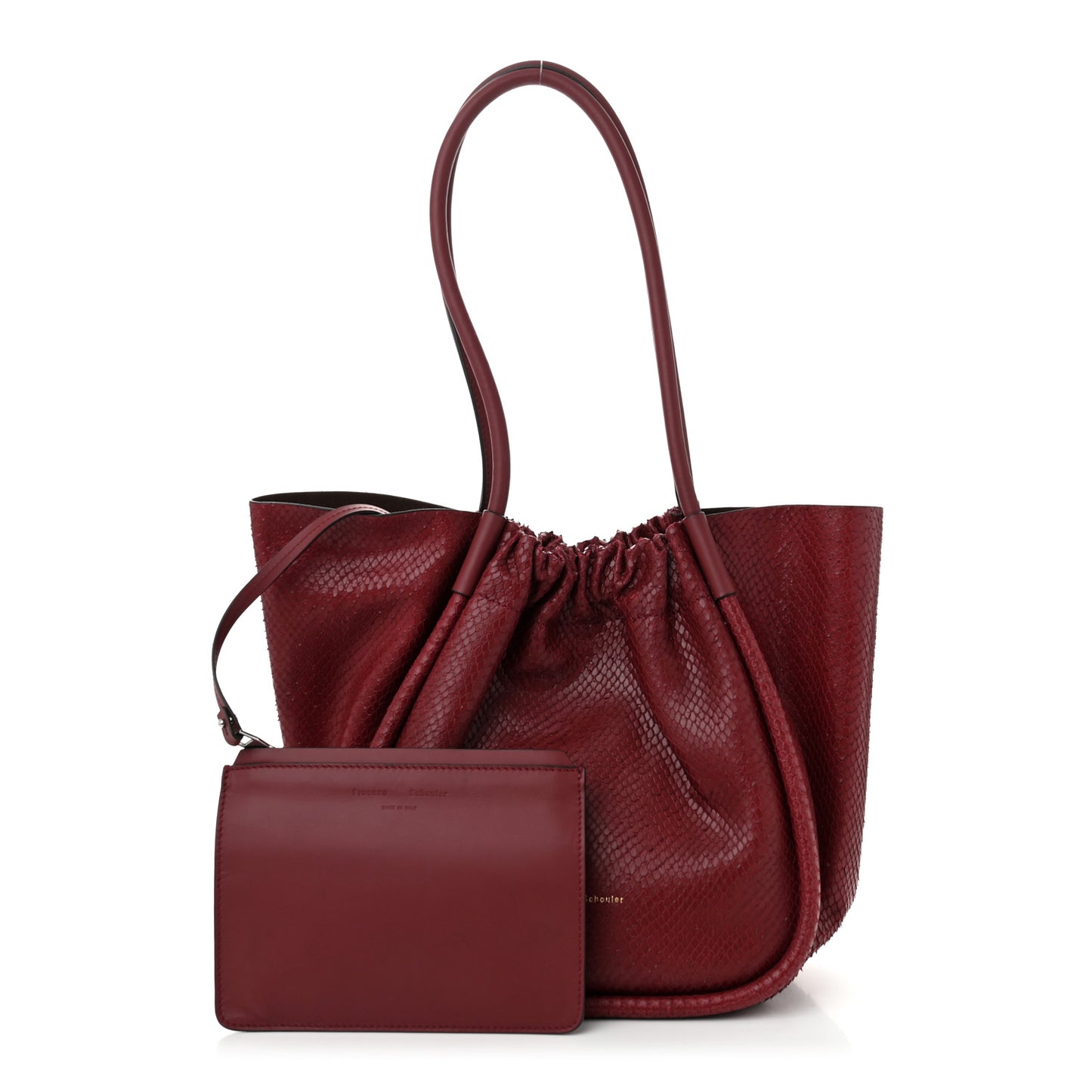 Calfskin Snakeskin Embossed Large Ruched Tote Bordeaux